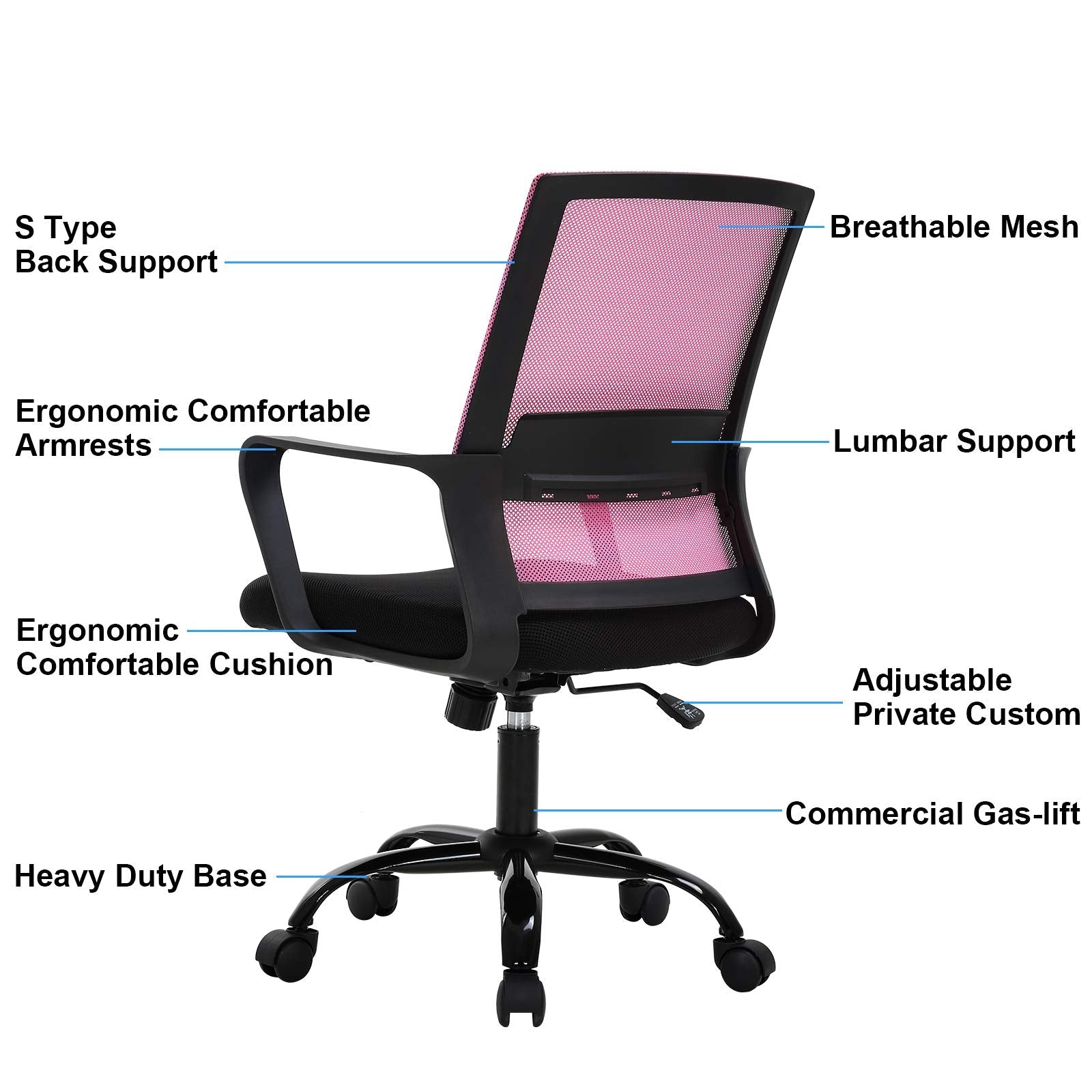 Mid Back Chair with Armrest and Back Support, Modern Executive Adjustable Rolling Swivel Task Chair Comfortable Mesh Chair