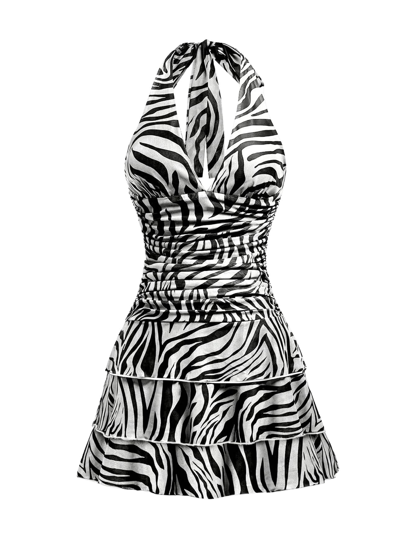 Women's Y2k Leopard Print Halter Dress Mesh Layered Ruffle Hem Animal Cheetah Dresses