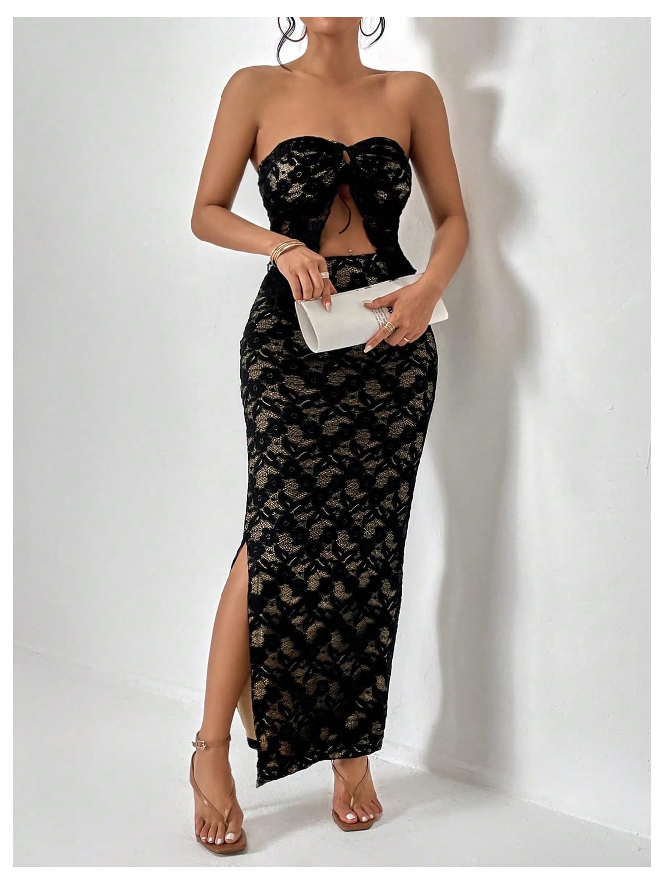 Women's 2 Piece Skirt Sets Lace Strapless Bandeau Tube Top and Bodycon Long Maxi Skirt Outfits
