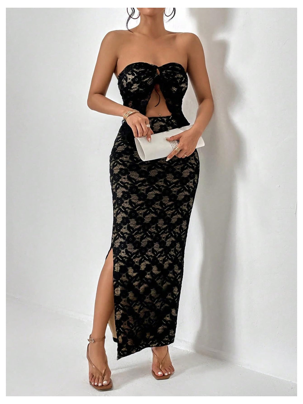 Women's 2 Piece Skirt Sets Lace Strapless Bandeau Tube Top and Bodycon Long Maxi Skirt Outfits