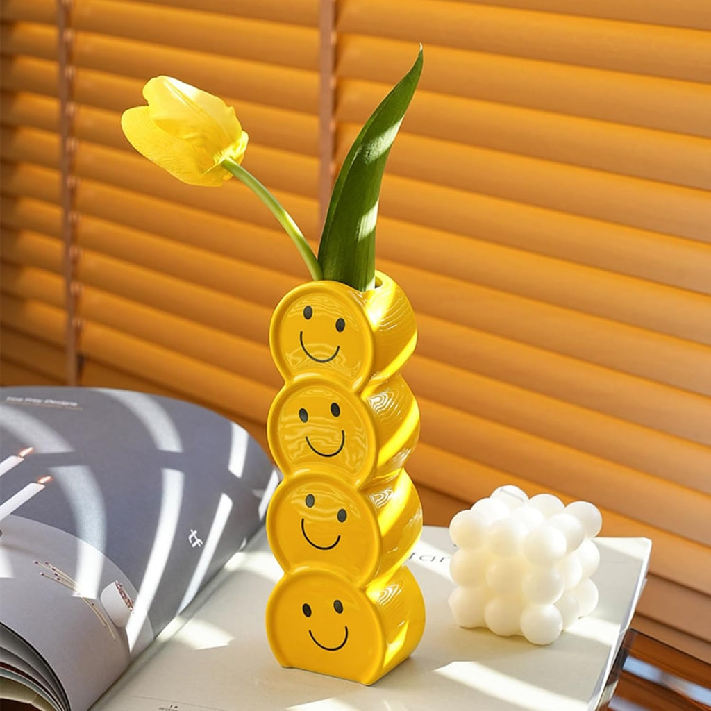Smile Face Vase Yellow Ceramic Home Decor for Flowers and Plants,A Happy and Creative Small Vase Suitable for Modern Style, Good Mood.