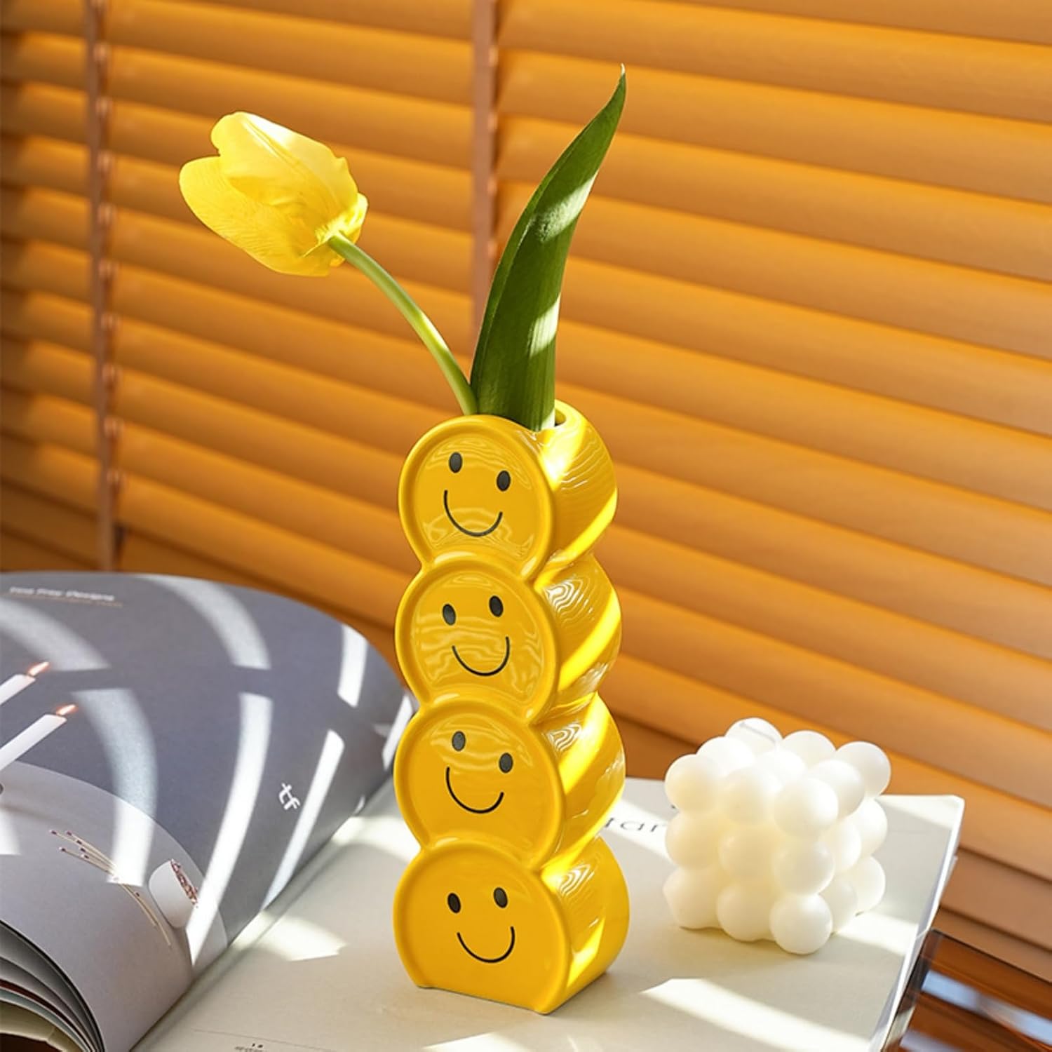 Smile Face Vase Yellow Ceramic Home Decor for Flowers and Plants,A Happy and Creative Small Vase Suitable for Modern Style, Good Mood.