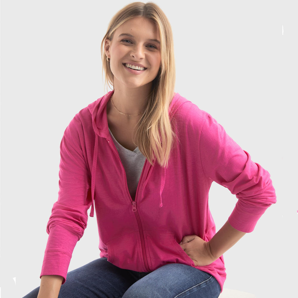 Women's Slub Knit Full-Zip Hoodie, Textured Cotton Zip-Up T-Shirt Hoodie