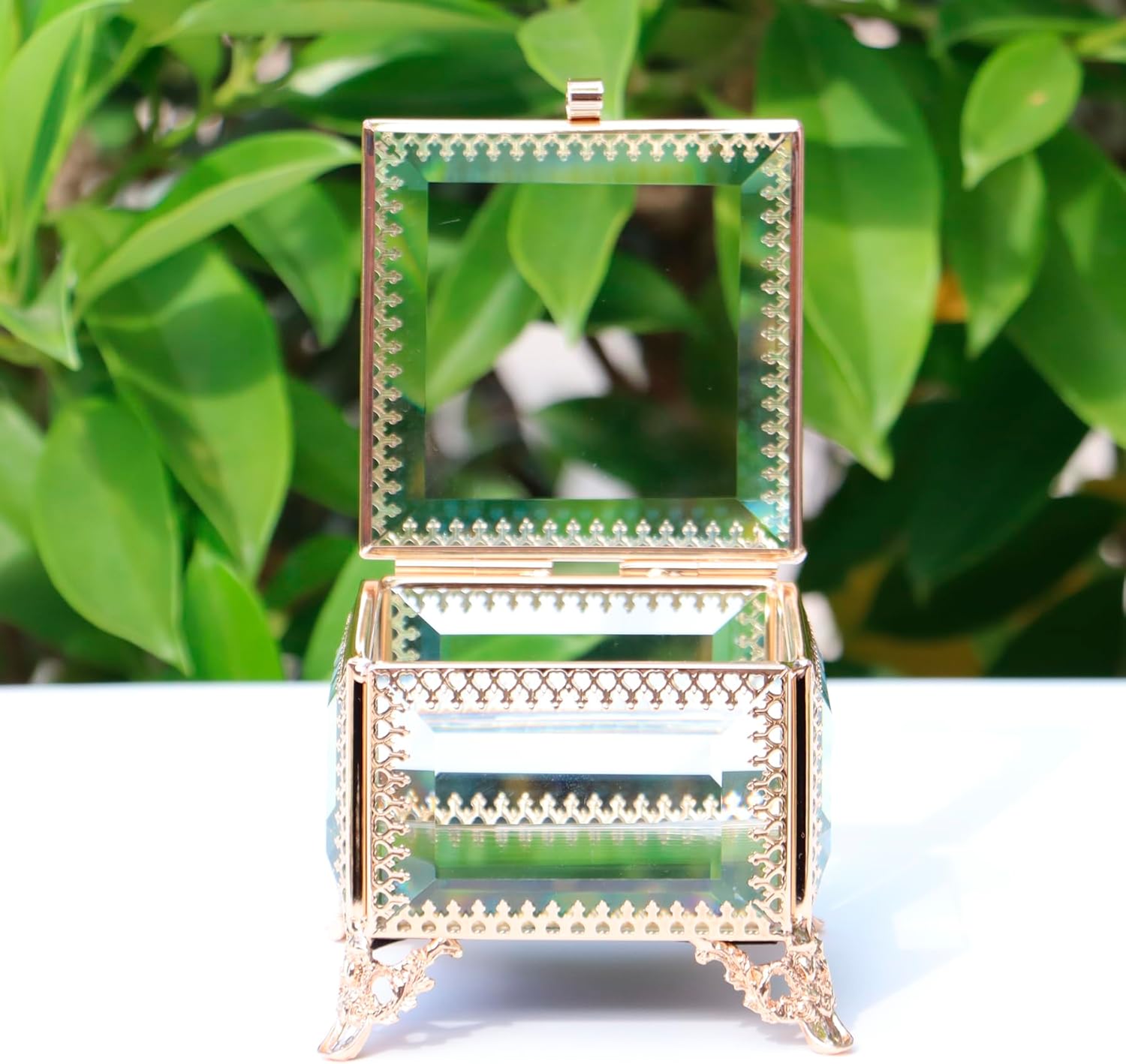 Square vintage glass lace jewelry box, 3.8x3.8x3.5 inches, commemorative box for rings, bracelets, accessories