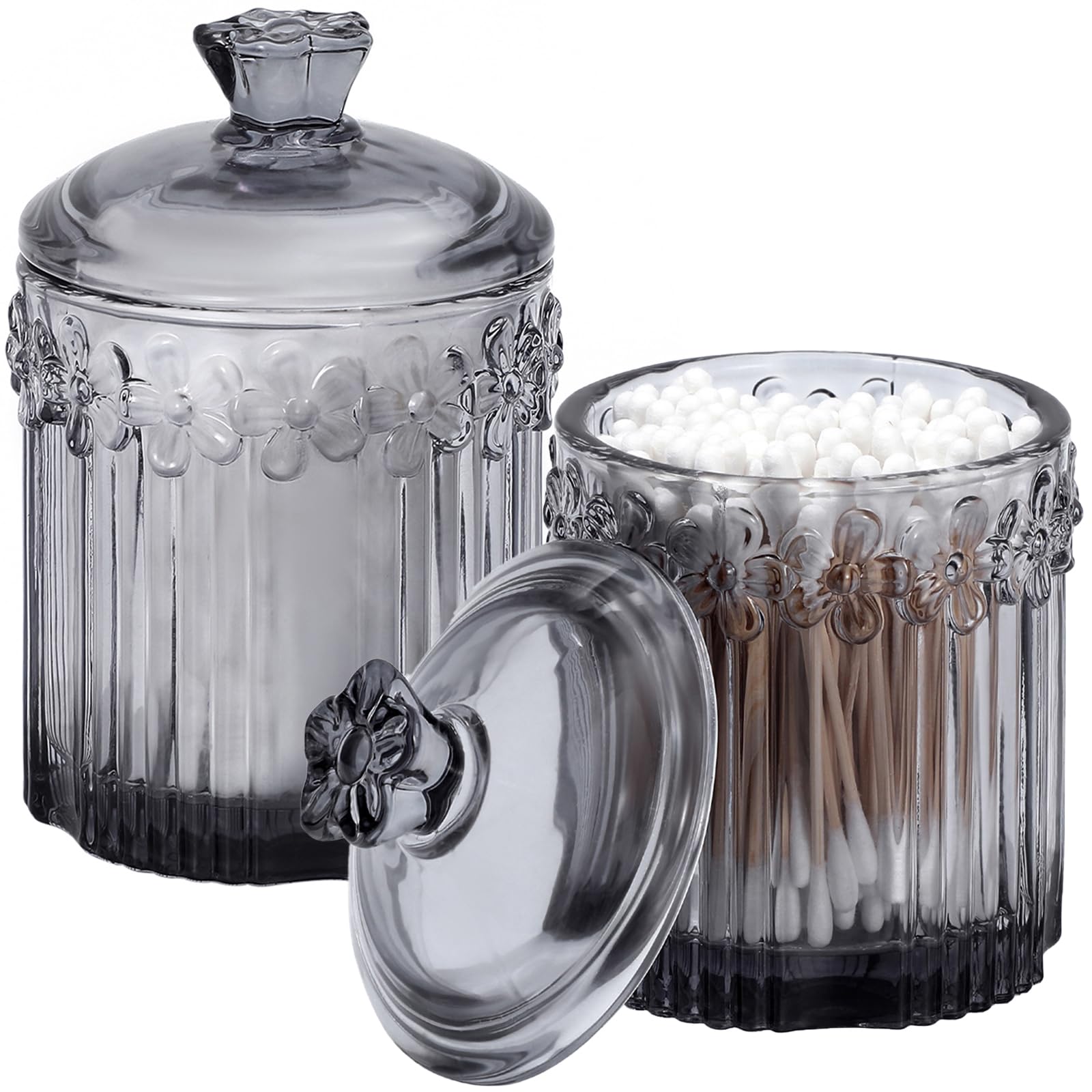 Qtip Holder Glass Apothecary Jars with Lids Set Bathroom Canisters Dispenser Organizers and Storage for Cotton Swabs, Balls, Pads, Floss Picks, Candy 2 Pack