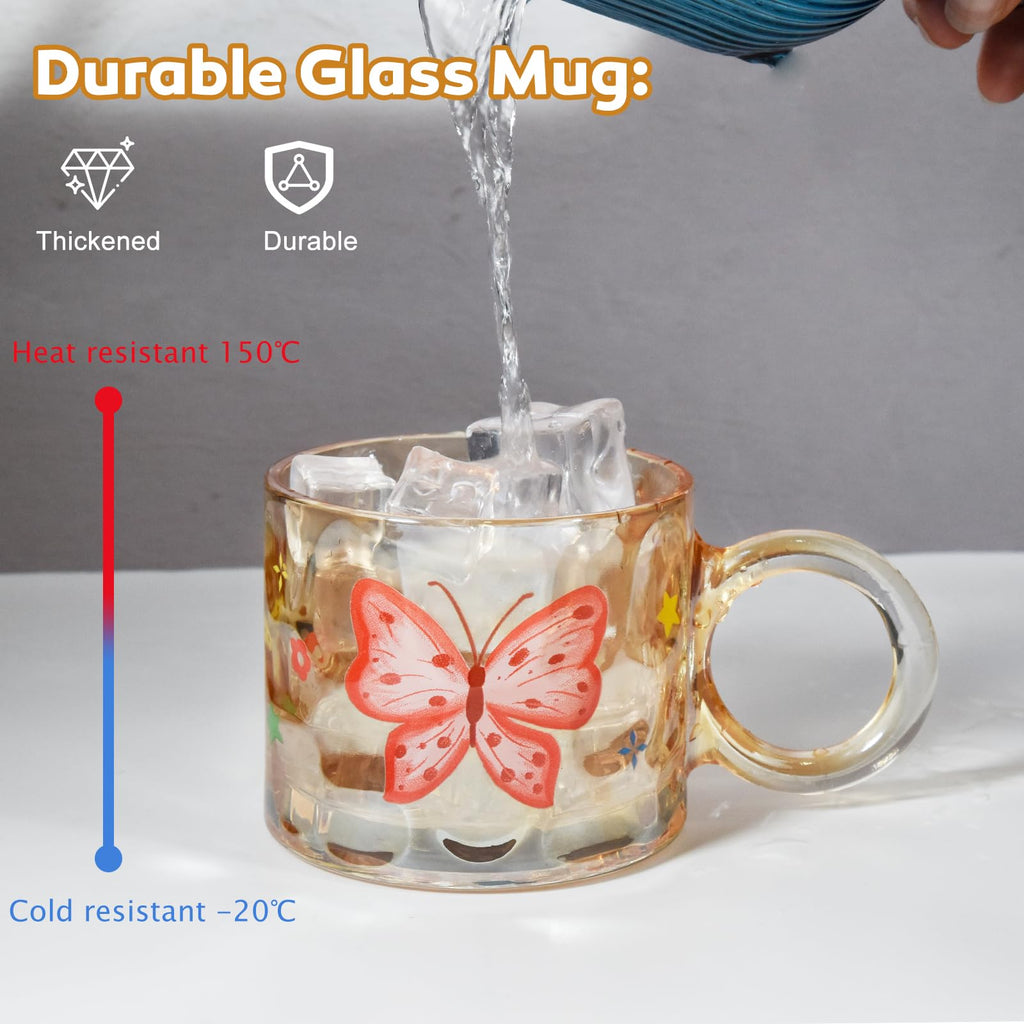 Glass Butterfly l Mugs, 10oz lUnique Glass Cup with Handle