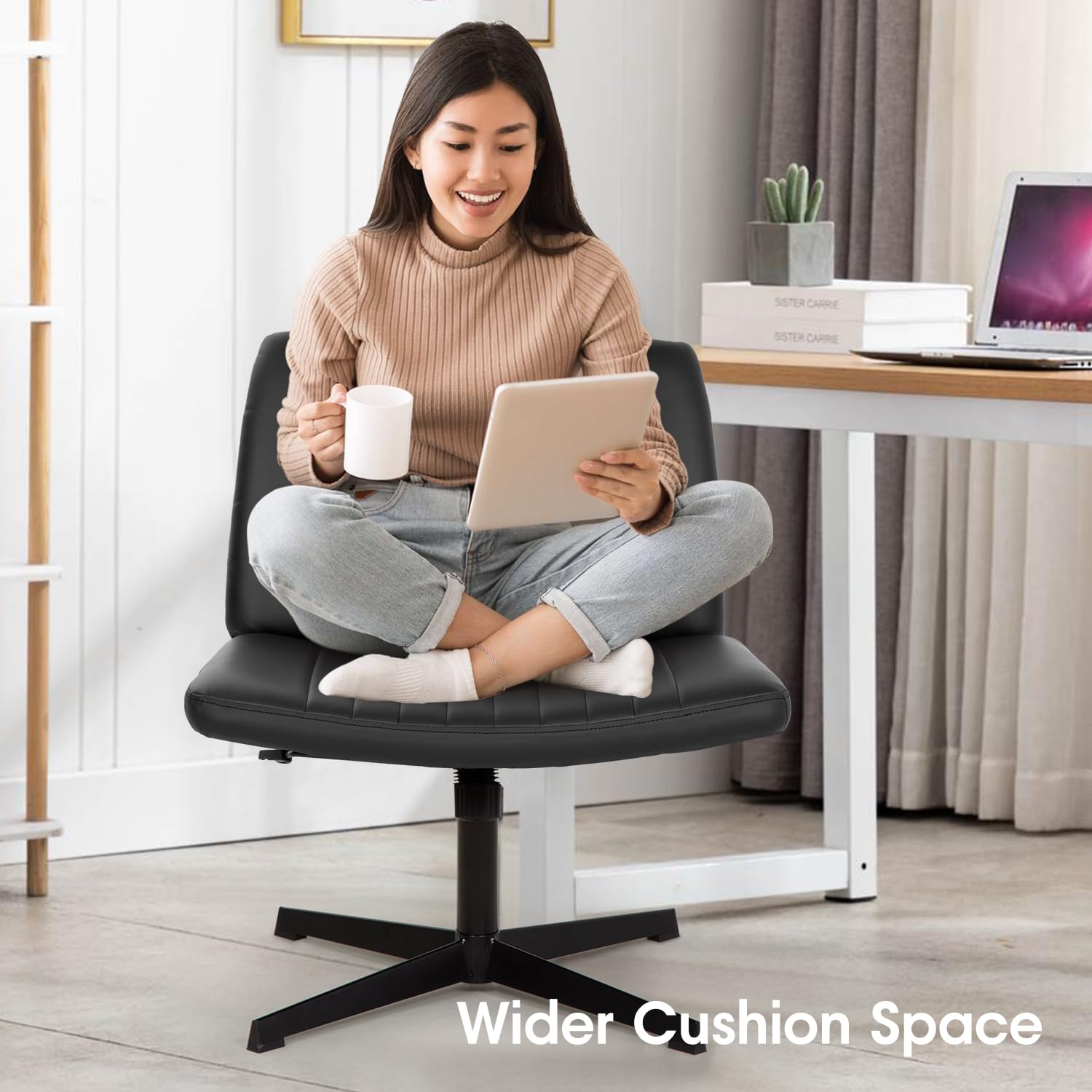 Criss Cross Chair, Armless Cross Legged Wide Comfty Desk Chair with No Wheels Modern Height Adjustable, Swivel Fabric Vanity Chair