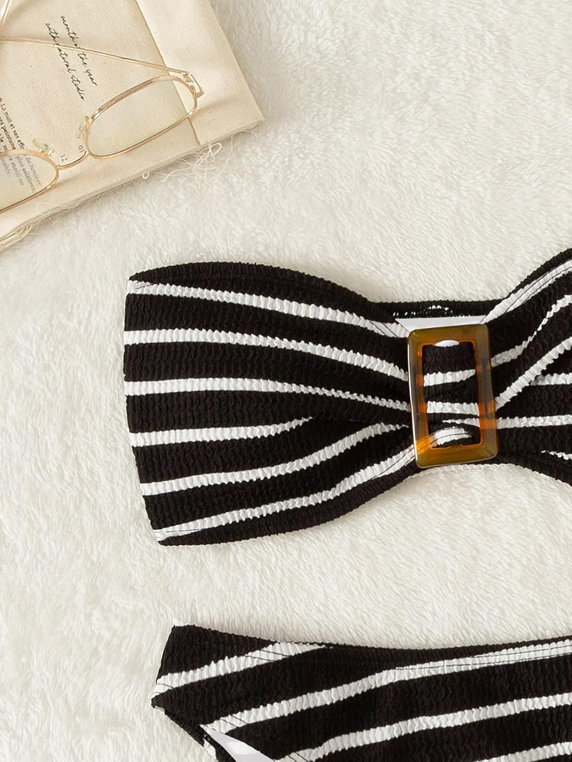 Women's 2 Piece Strapless Swimsuit Striped Bandeau High Waisted Thong Bikini Set Bathing Suit