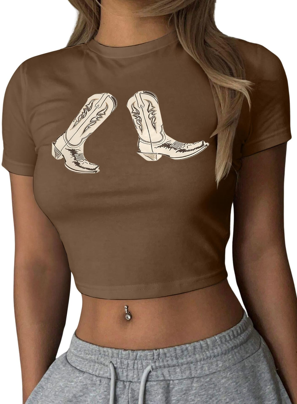 Western Cowgirl Crop Tops for Women - Country Rodeo Outfits Boot Print Summer Slim Shirt Sexy Cowboy Tee