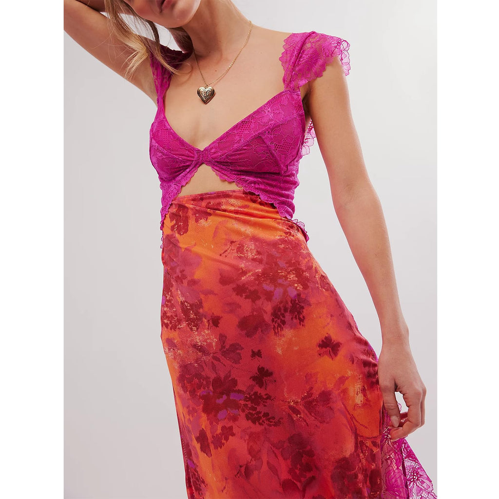 Women Sleeveless Maxi Dress Backless Bodycon Floral Printed Spaghetti Strap Long Dress Sheer Mesh Summer One-Piece