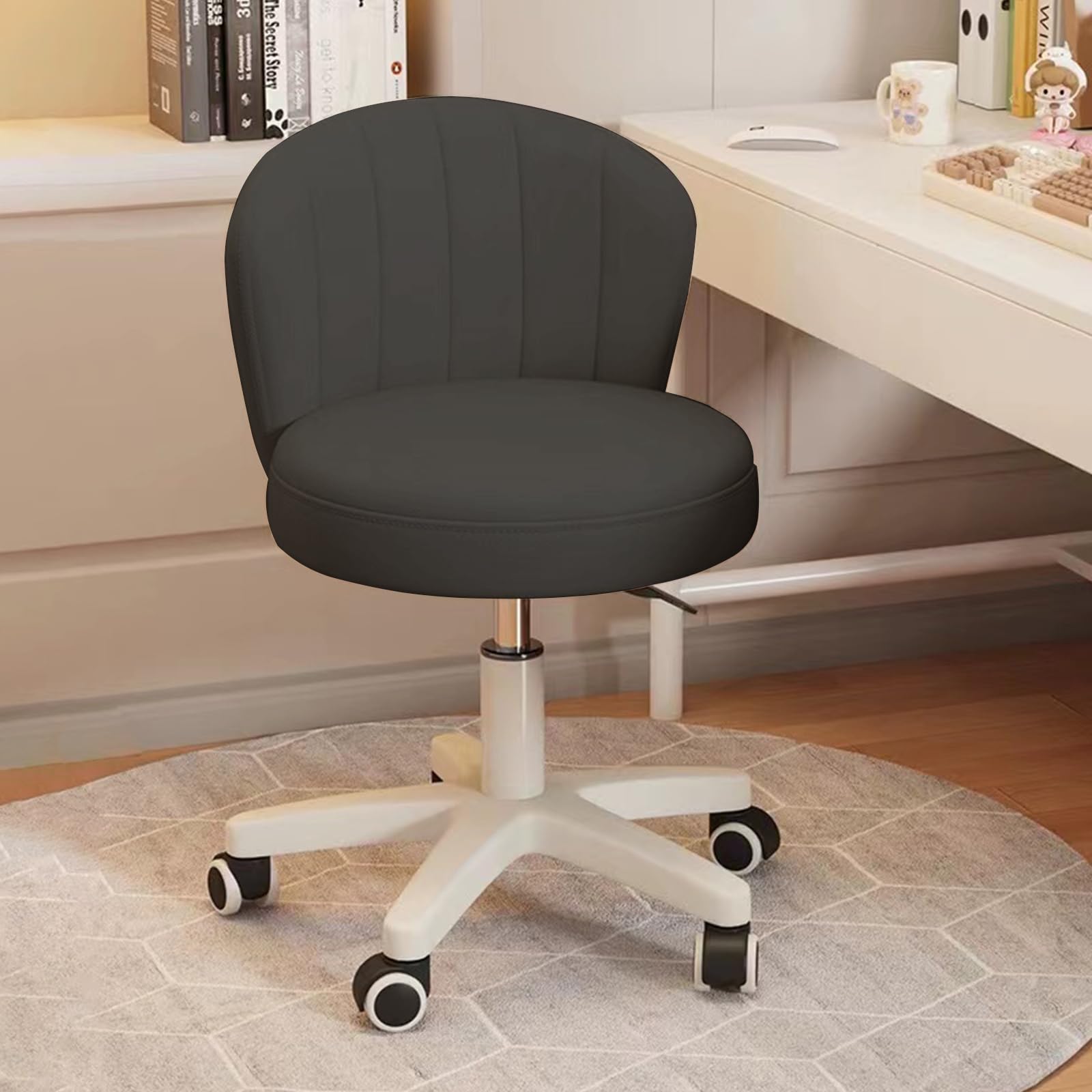 Small Desk Chair Round Rolling Chair with Back PU Leather Height Adjustable Swivel Vanity Work Computer Stool Chair