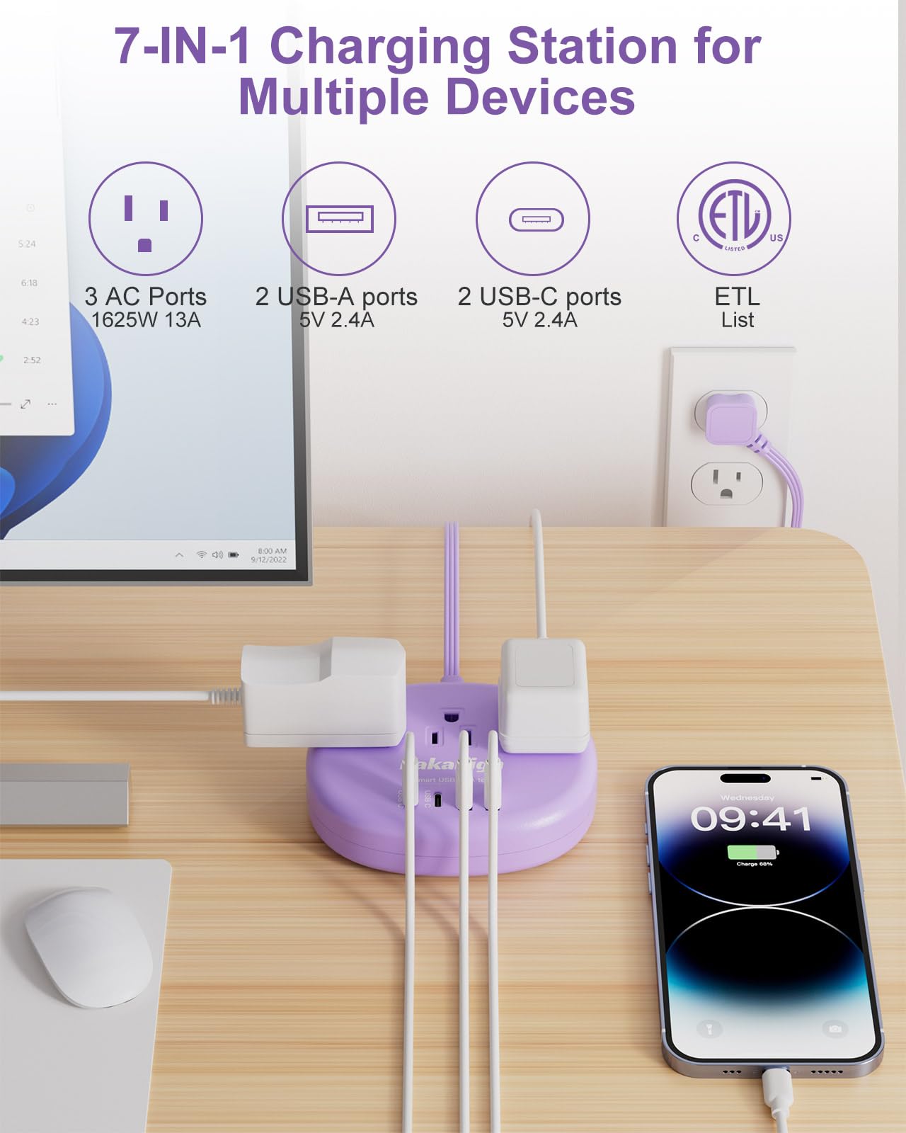 Cute Surge Protector â€?5FT Flat Extension Cord, 3 Outlets, 4 USB Ports (24W)