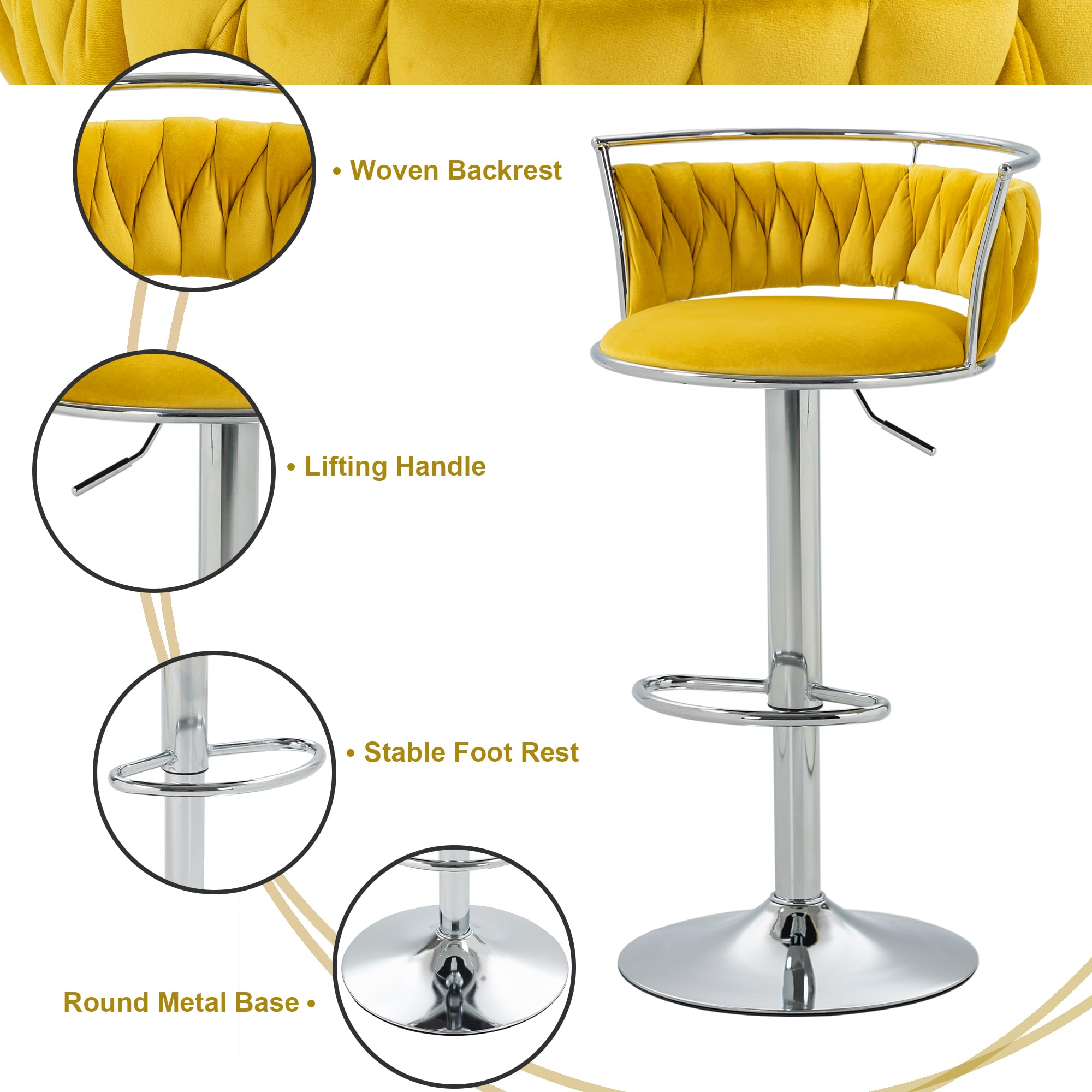Velvet Swivel Bar Stools, Adjustable Counter Height Bar Chairs with Low Back & Footrest, Modern Gold Bar Stools for Kitchen Island, Bar Pub