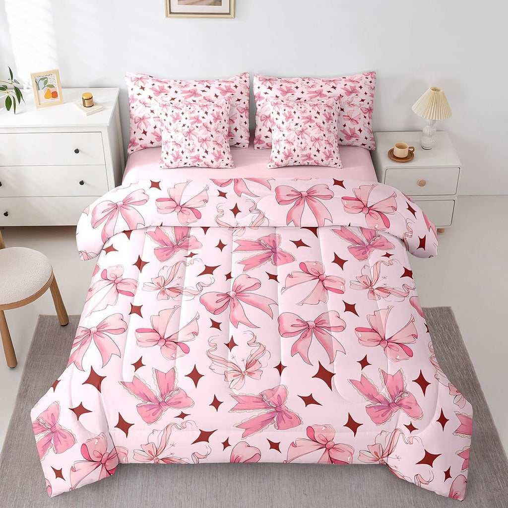 Princess Style Pink Bowknot Comforter Bedding Set, Bow Tie Pink White Dreamy Fairy Tale Bow (Comforter+Fitted+Flat Sheet+2 Pillowcases+2 Throw Pillow Covers) 7 Pieces Bed Set
