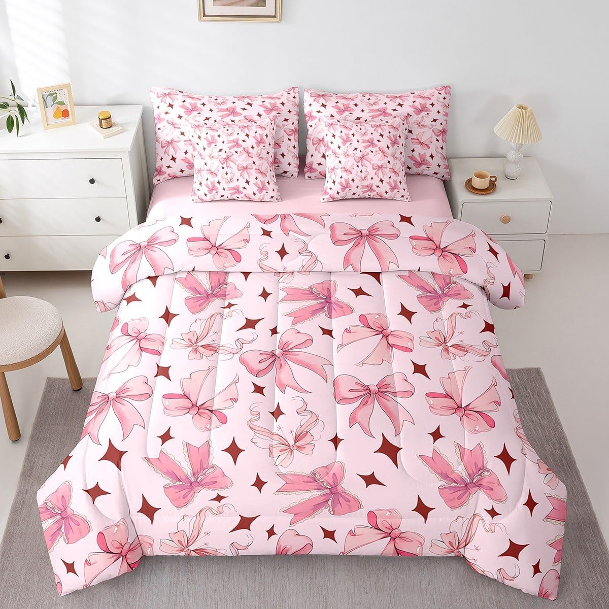 Princess Style Pink Bowknot Comforter Bedding Set, Bow Tie Pink White Dreamy Fairy Tale Bow (Comforter+Fitted+Flat Sheet+2 Pillowcases+2 Throw Pillow Covers) 7 Pieces Bed Set