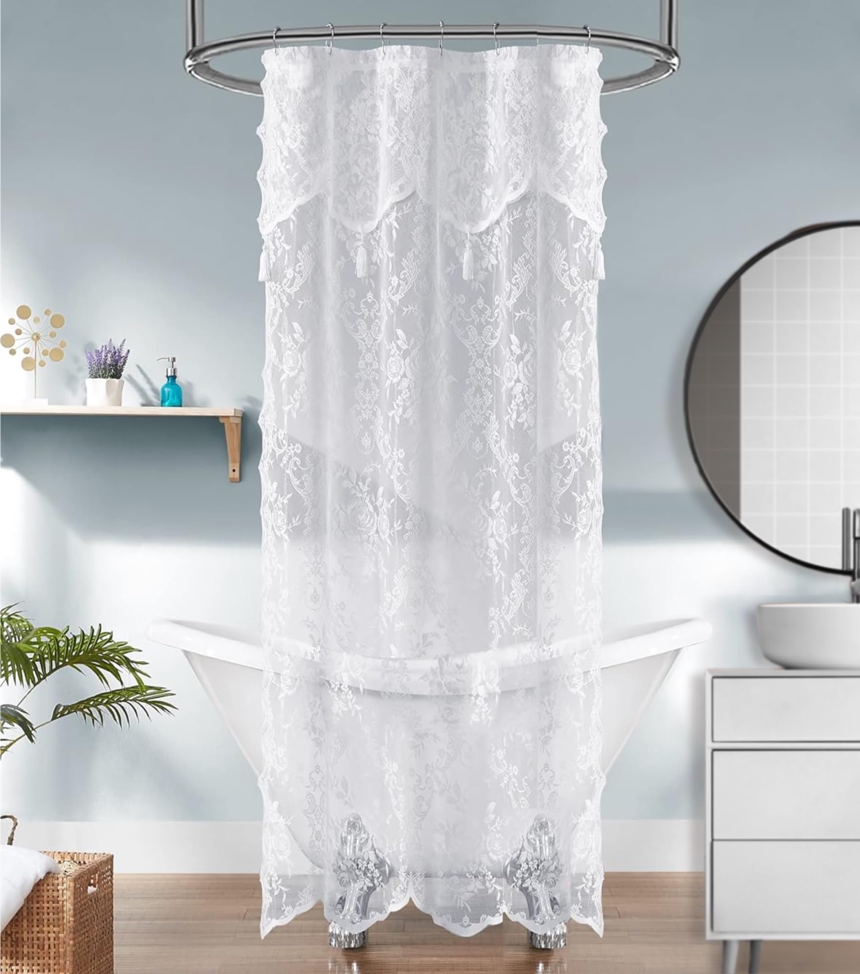 Luxury Lace Small Shower Curtain - Lace Shower Curtain with Attached Valance & Tassels