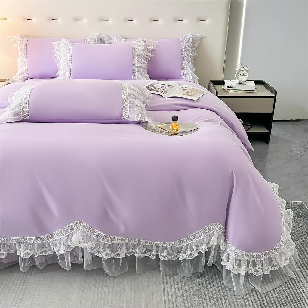Chic Ruffle Lace Polyester Duvet Cover Set -Bedding-2 Piece Duvet Cover with Zipper Closure -Ultra Soft and Light Weight