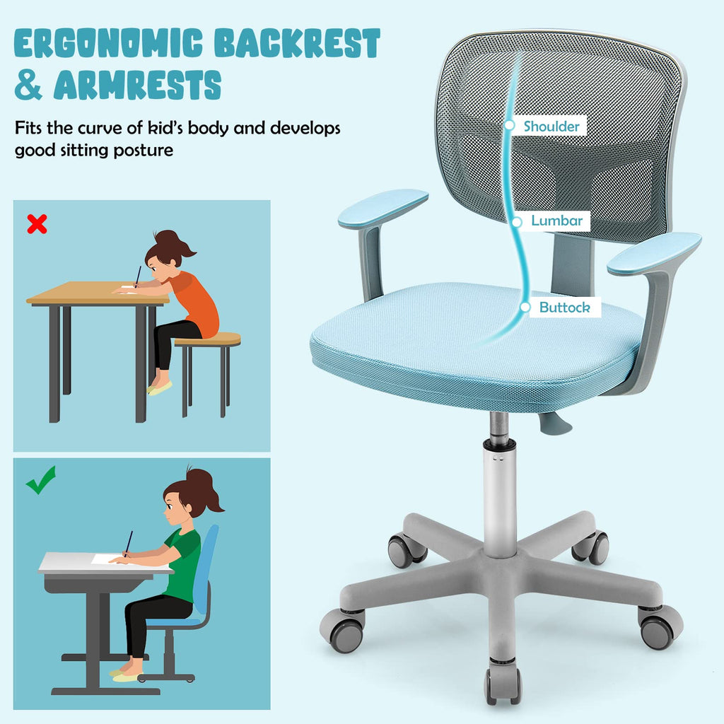 Swivel Adjustable Mesh Study Chair with Wheels & Arms, Ergonomic Computer Task Chair with Lumbar Support
