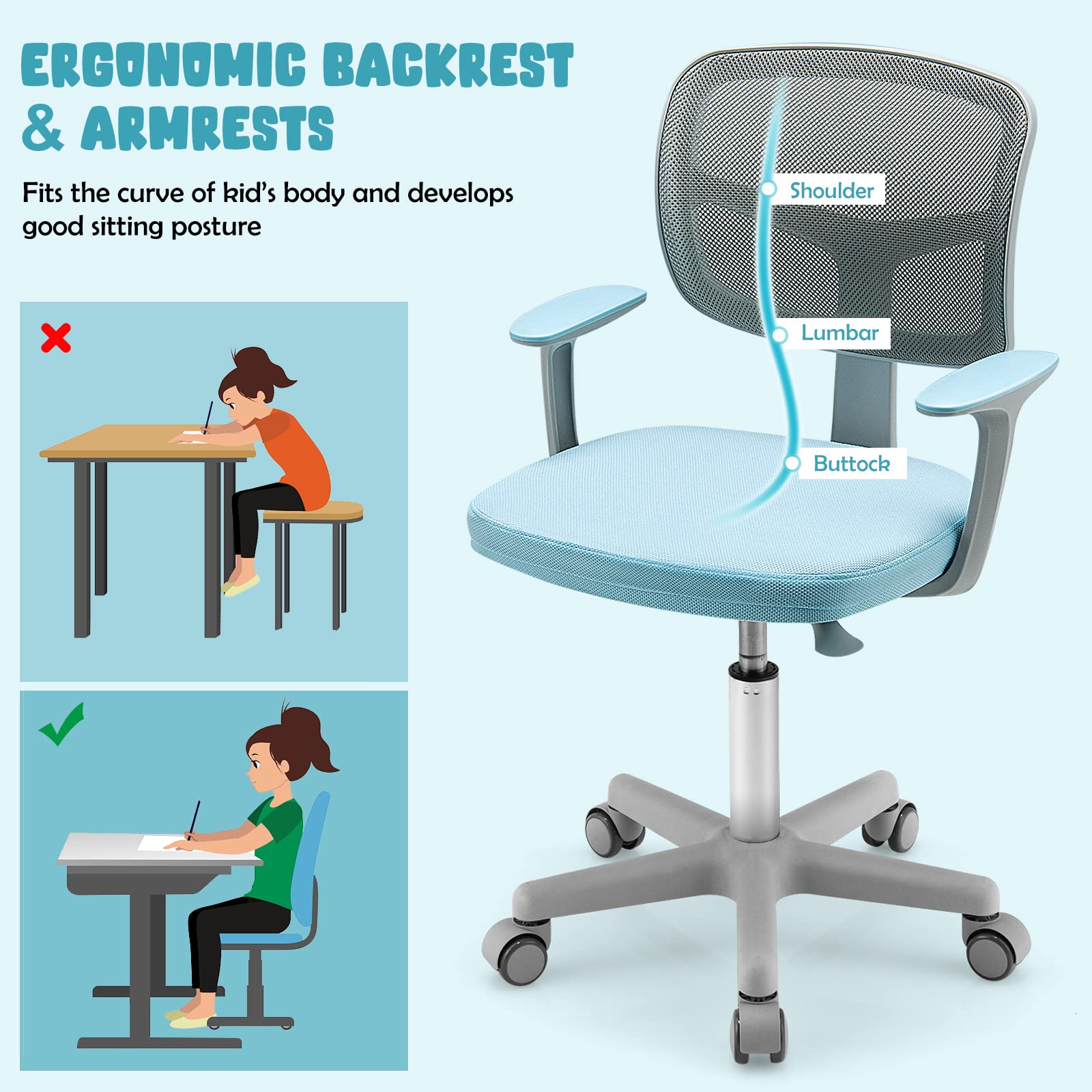 Swivel Adjustable Mesh Study Chair with Wheels & Arms, Ergonomic Computer Task Chair with Lumbar Support