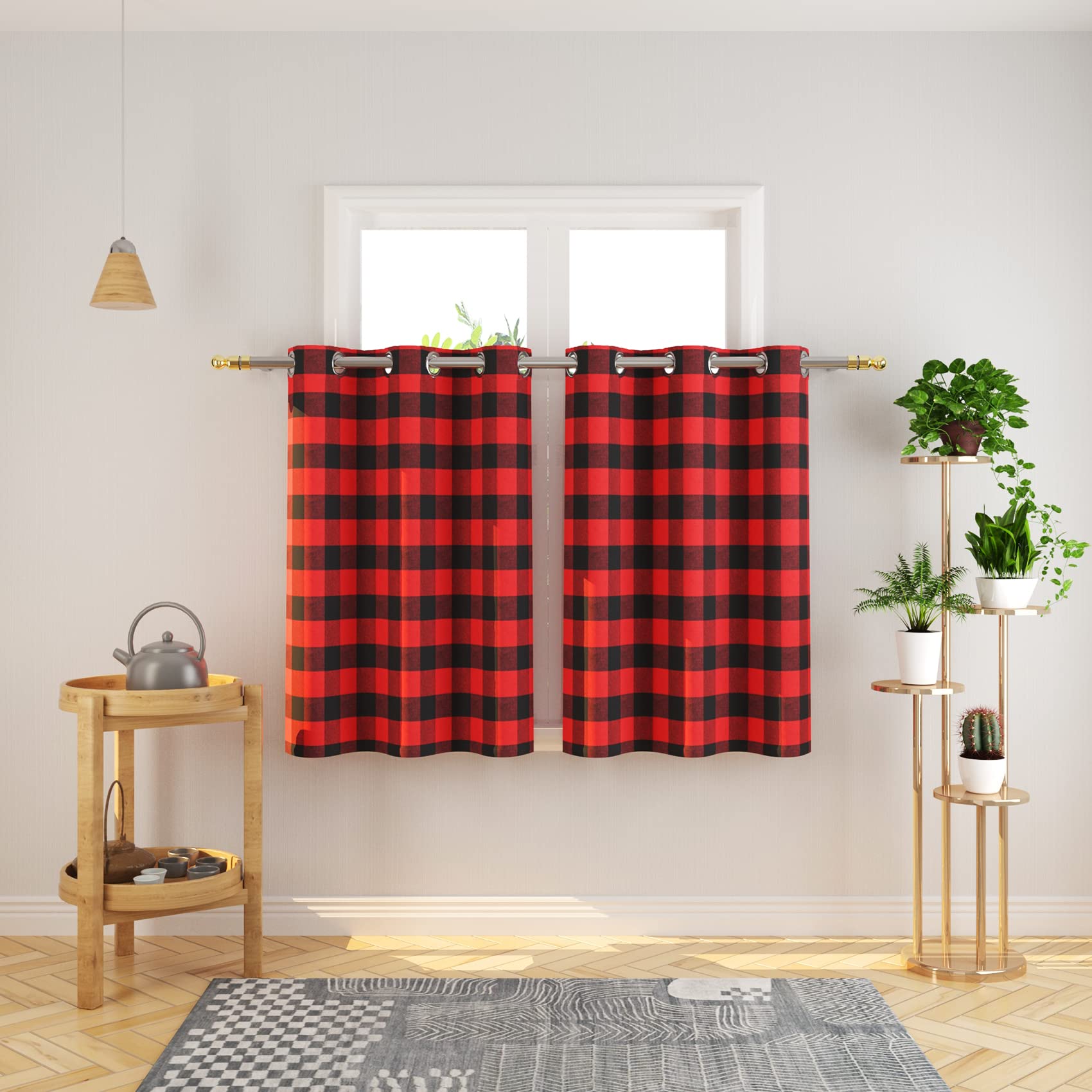 Tier Curtains Check Gingham Plaid Window Curtain Panels Bathroom Grommet Top Window Treatment 2 Panels