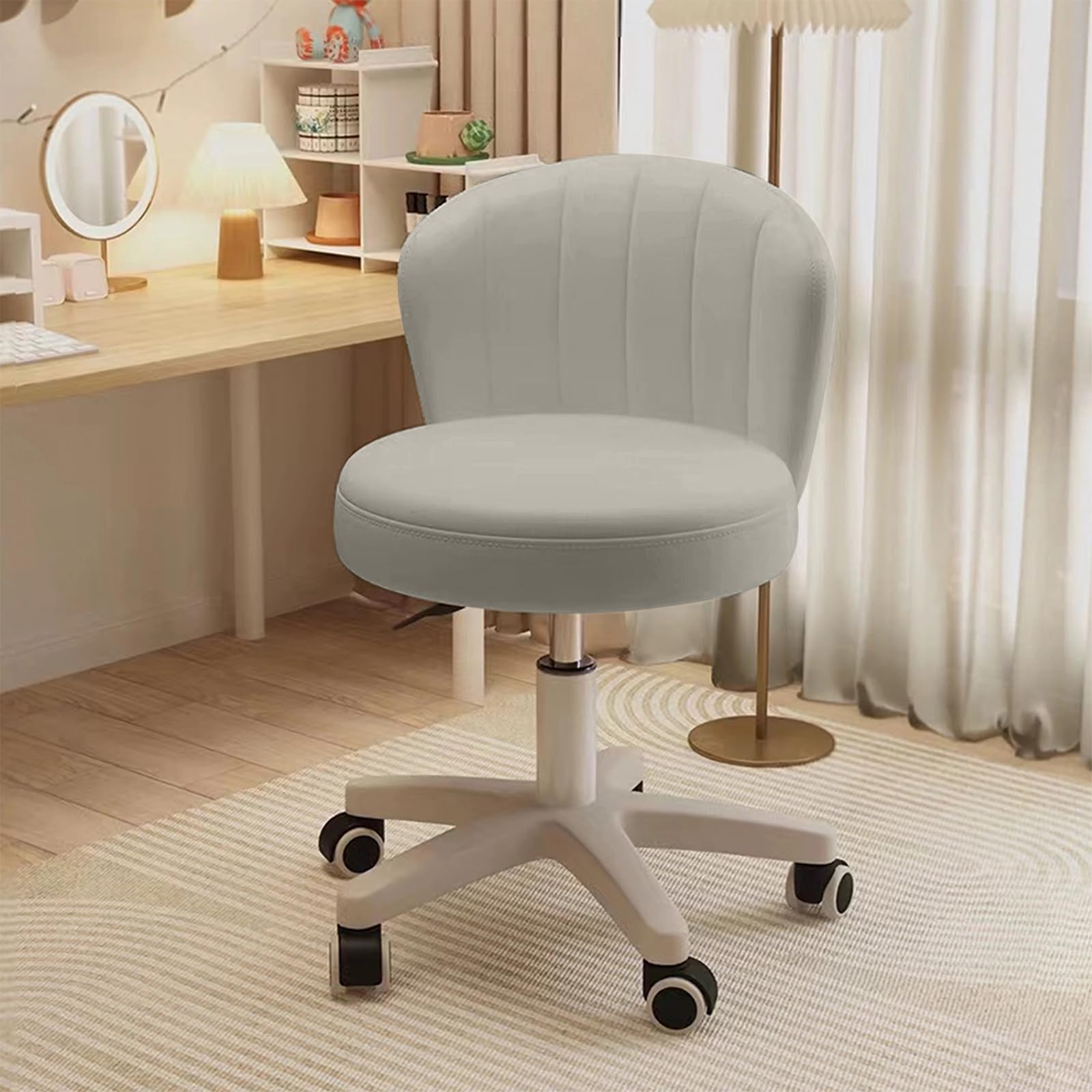 Small Desk Chair Round Rolling Chair with Back PU Leather Height Adjustable Swivel Vanity Work Computer Stool Chair