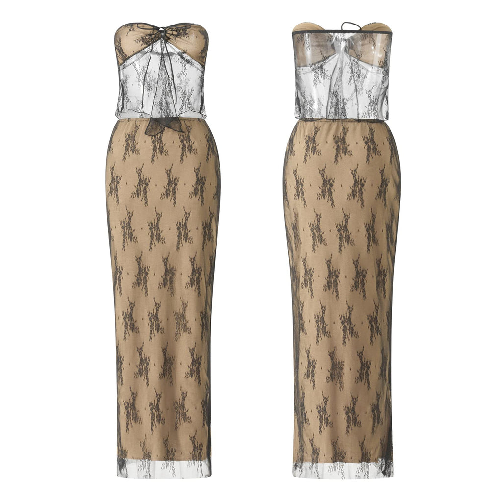 Women Sexy Y2K Maxi Skirt Set Strapless Bodycon Lace Tube Top See Through 2 Piece Outfits Summer Party Wear Dress