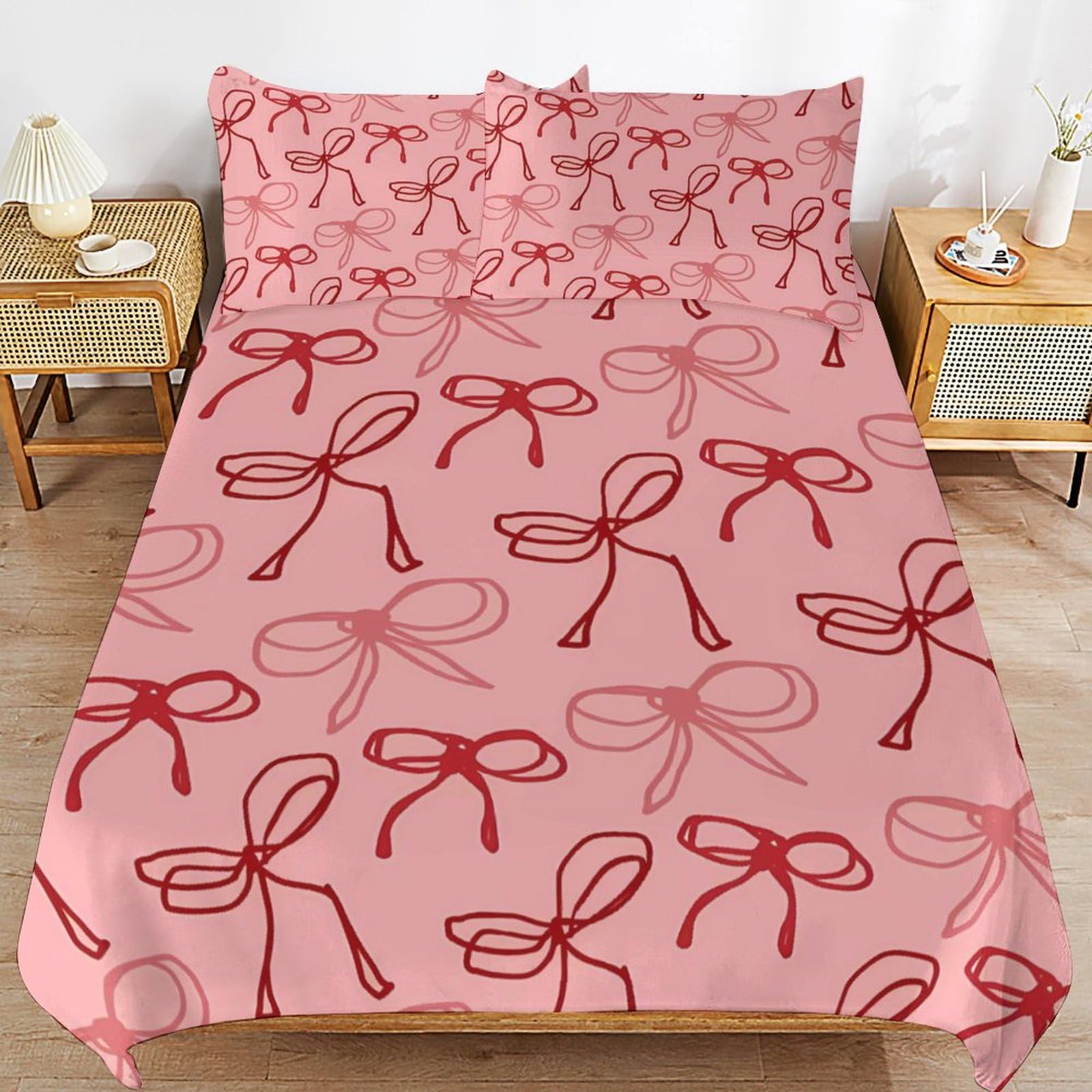 Pink Red Bow Comforter Set Duvet Cover Quilt Cover Set Ultra Soft Bed Cover (1 Duvet Cover+2 Pillowcases)