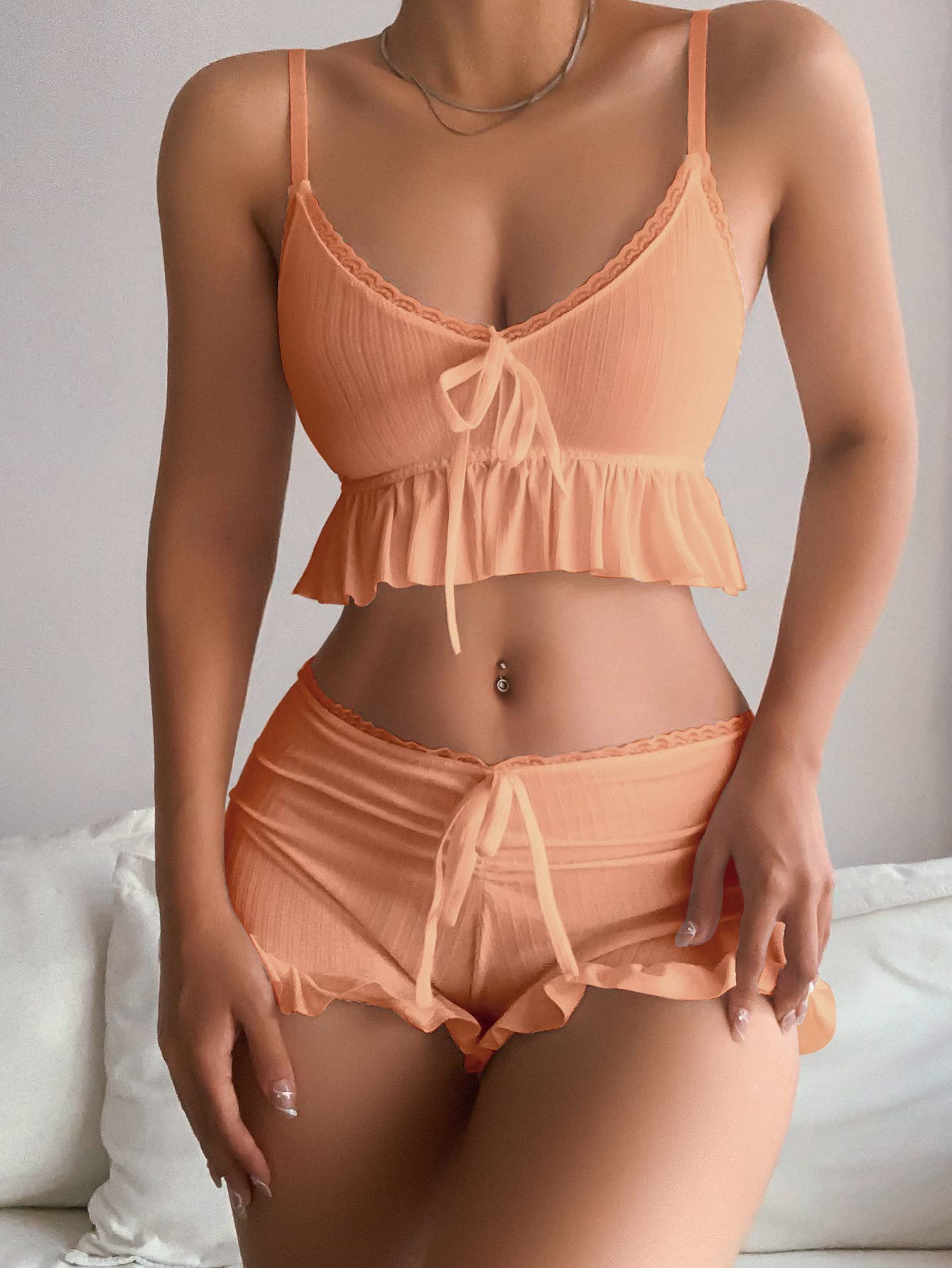 Women's 2 Piece Lingerie Set Pajama Sets Ruffle Trim Tie Front Cami Top and Shorts Sleepwear