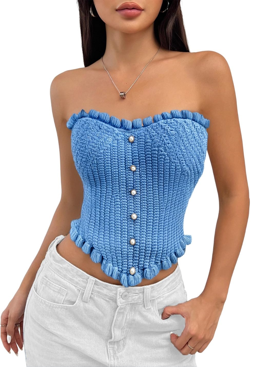 Women's Pearl Strapless Tops Summer Asymmetrical Tube Tops