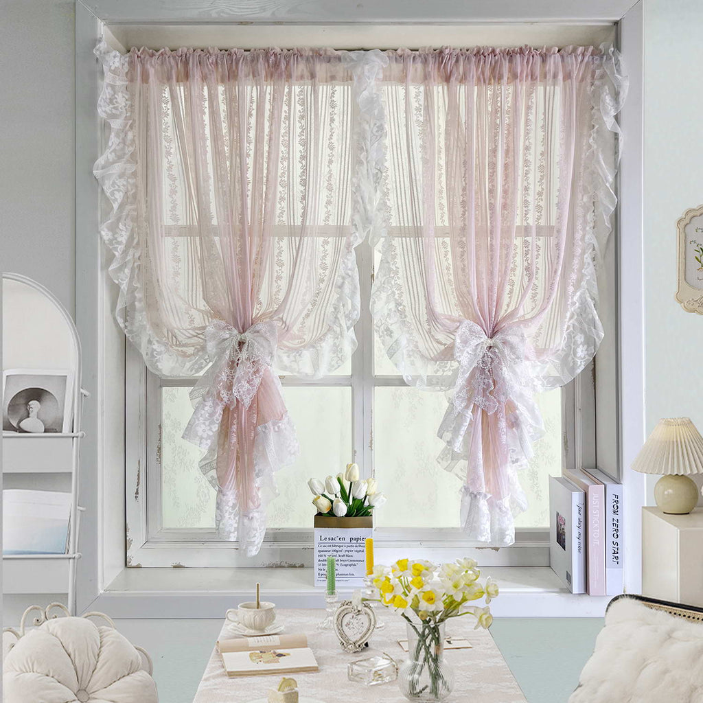 Floral Embroidery Sheer Lace Curtain with Ruffle Trim Romantic Gauze Curtains