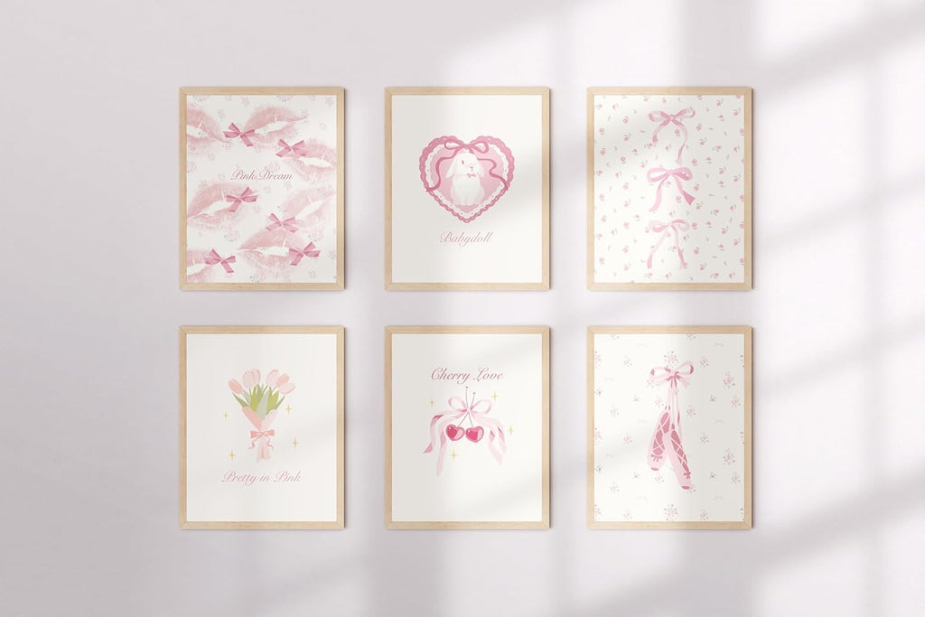 TwoDays Coquette Room Decor Aesthetic, Pastel Pink Bows Posters for Girls Bedroom, Balletcore Wall Art, Girly Kawaii Dollette Prints for Dorm.(8" X 10", Set of 6, UNFRAMED)