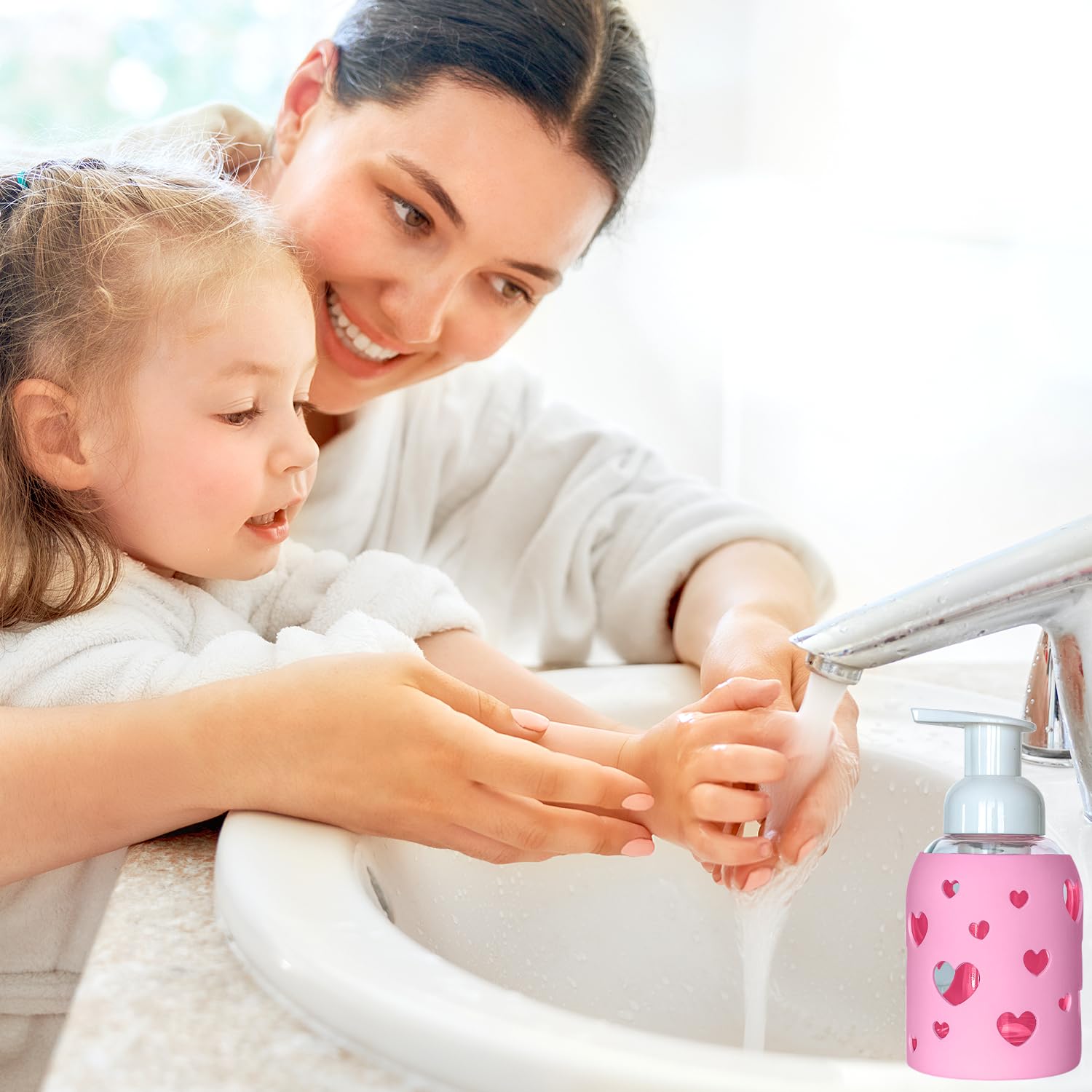 Foaming Glass Bottle Dispenser w/Heart Silicone Sleeve, 8oz