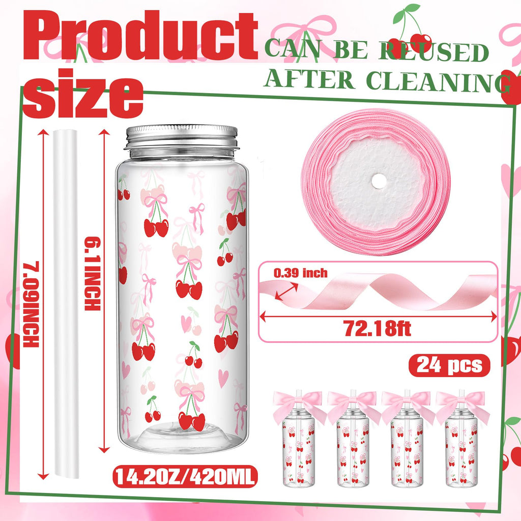 Color Bow Plastic Cups Coquette Bow Aesthetic Cup with Lids and Straws 14 oz Reusable Cute Bow Plastic Tumbler with Ribbon Bow