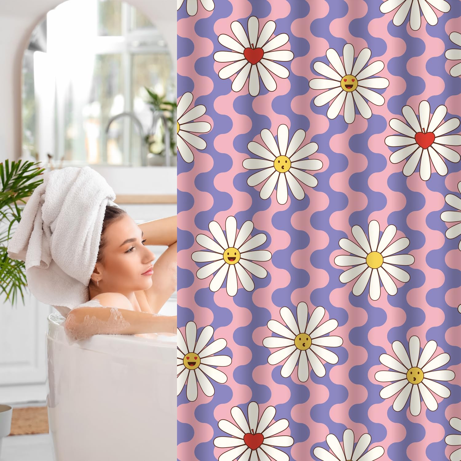 Cute Shower Curtain for Bathroom Modern Aesthetic Funky Decorative, Pretty Chic Cloth Set with Hooks, 72x72 Inch