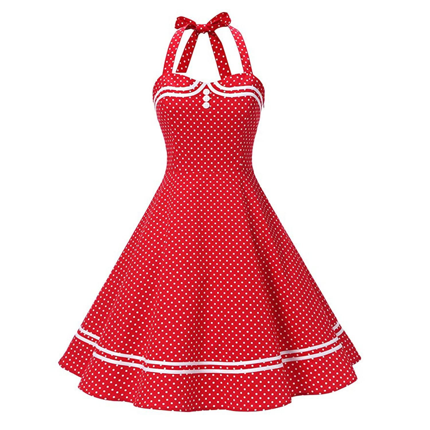 Vintage Women 1950s Rockabilly Swing Dress Pinup 50s Retro Hepburn Style Halterneck A-Line Dresses