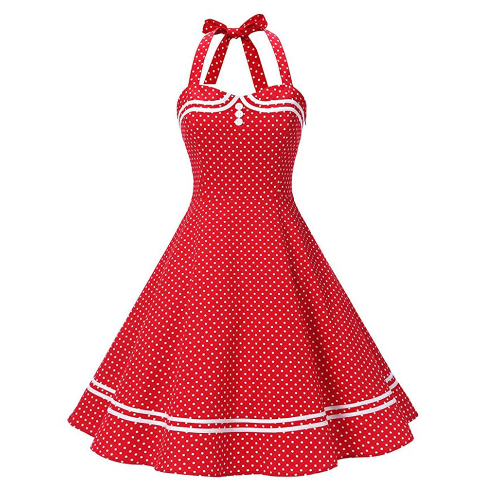 Vintage Women 1950s Rockabilly Swing Dress Pinup 50s Retro Hepburn Style Halterneck A-Line Dresses