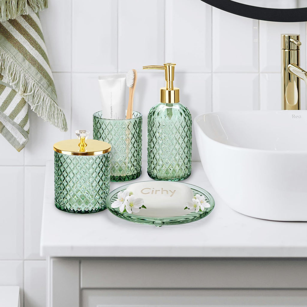 Glass Bathroom Accessories Set 4PCS Bathroom Accessories Set with Soap Dispenser Toothbrush Holder Qtip Holder & Vanity Tray