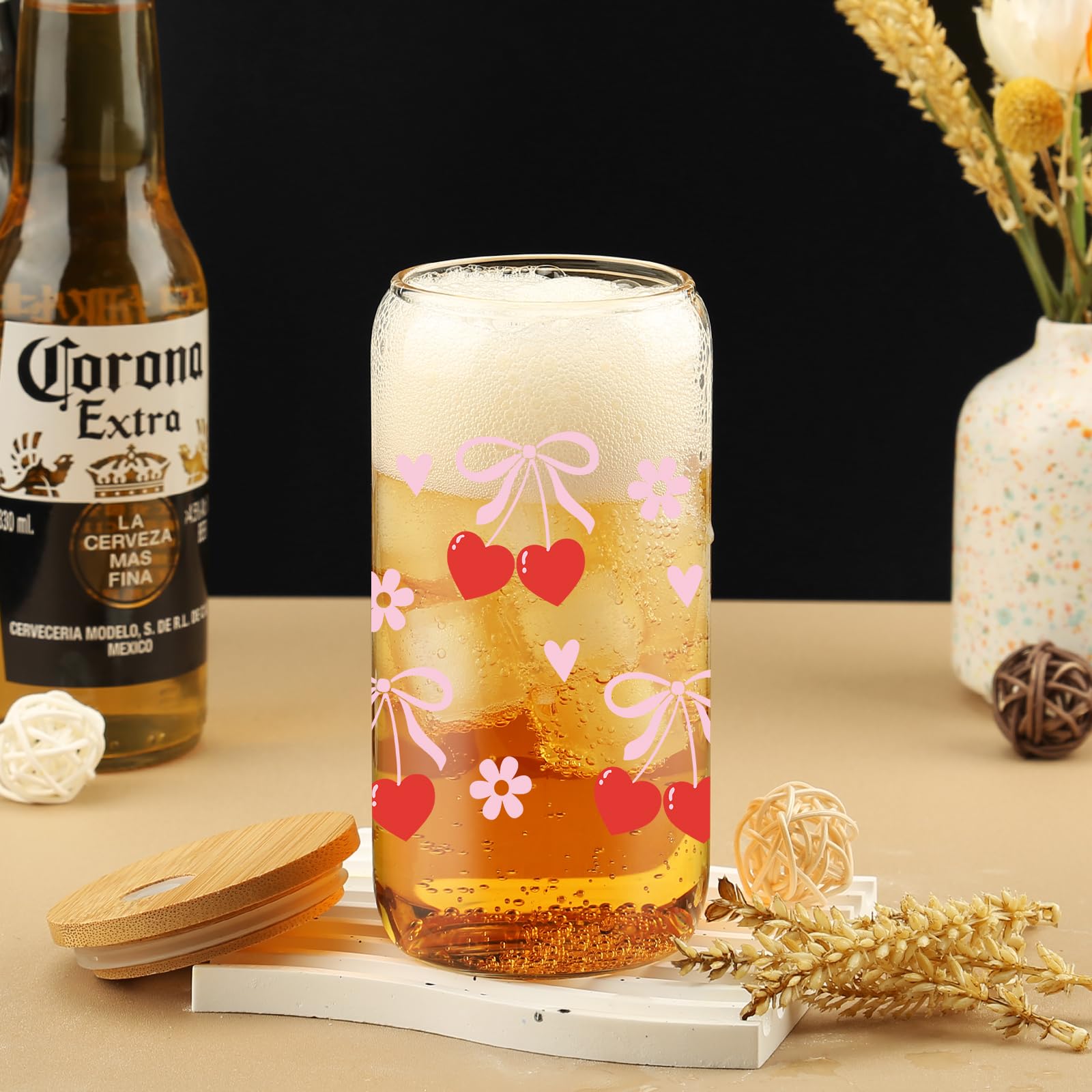 Cherry Bow Cup, Birthday Gifts for Women, Girly Gifts for Her, Sister, Mom, Colleague - 16 OZ Glass Tumbler with Straw & Lid, Coquette Iced Cup