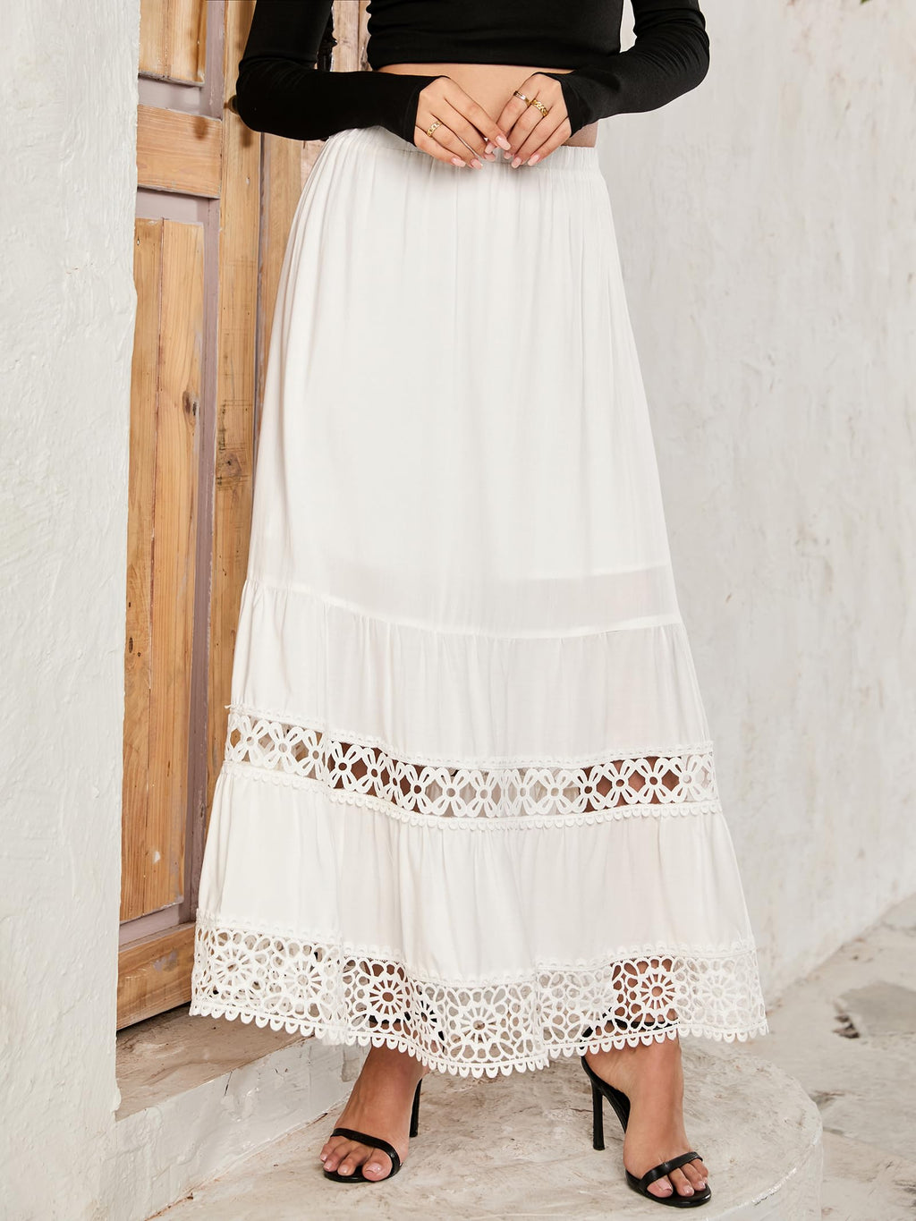 Women's Casual High Elastic Waist Ruffle Boho Pleated A-line Long Maxi Skirt