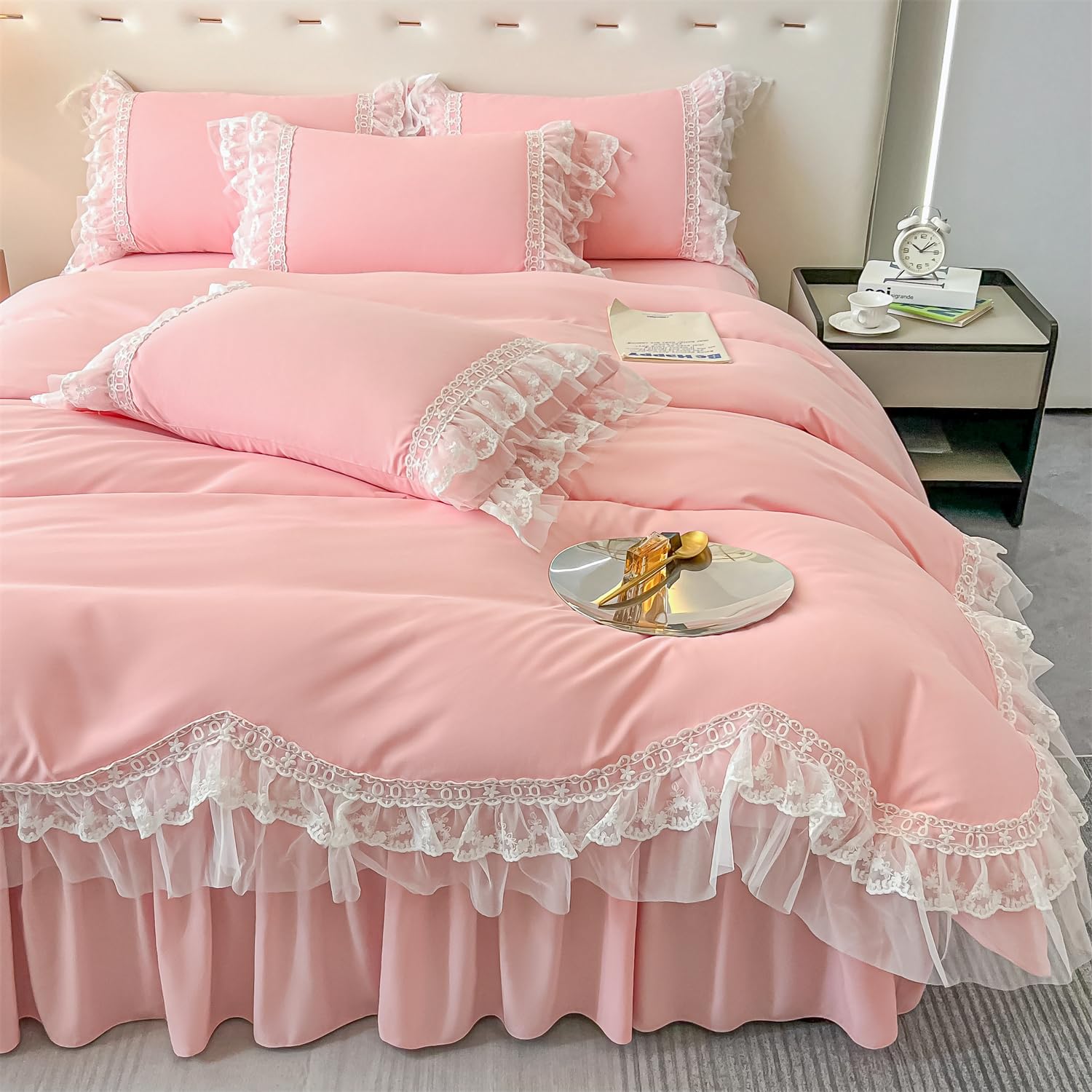 Chic Ruffle Lace Polyester Duvet Cover Set -Bedding-2 Piece Duvet Cover with Zipper Closure -Ultra Soft and Light Weight