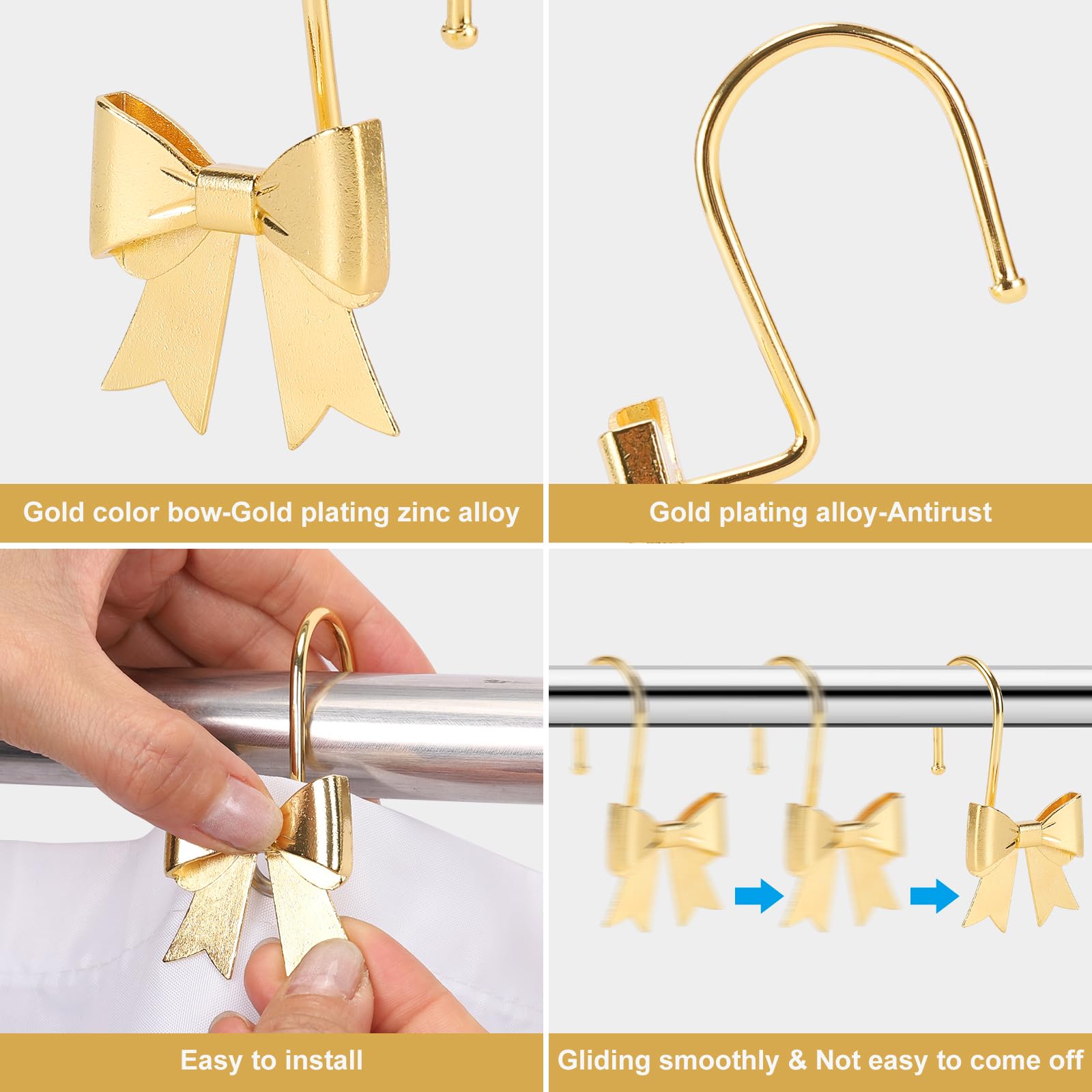 Metal Decorative Rings Bow Shower Curtain Hooks, Rustproof Bow Knot Design for Bathroom 12 Pack