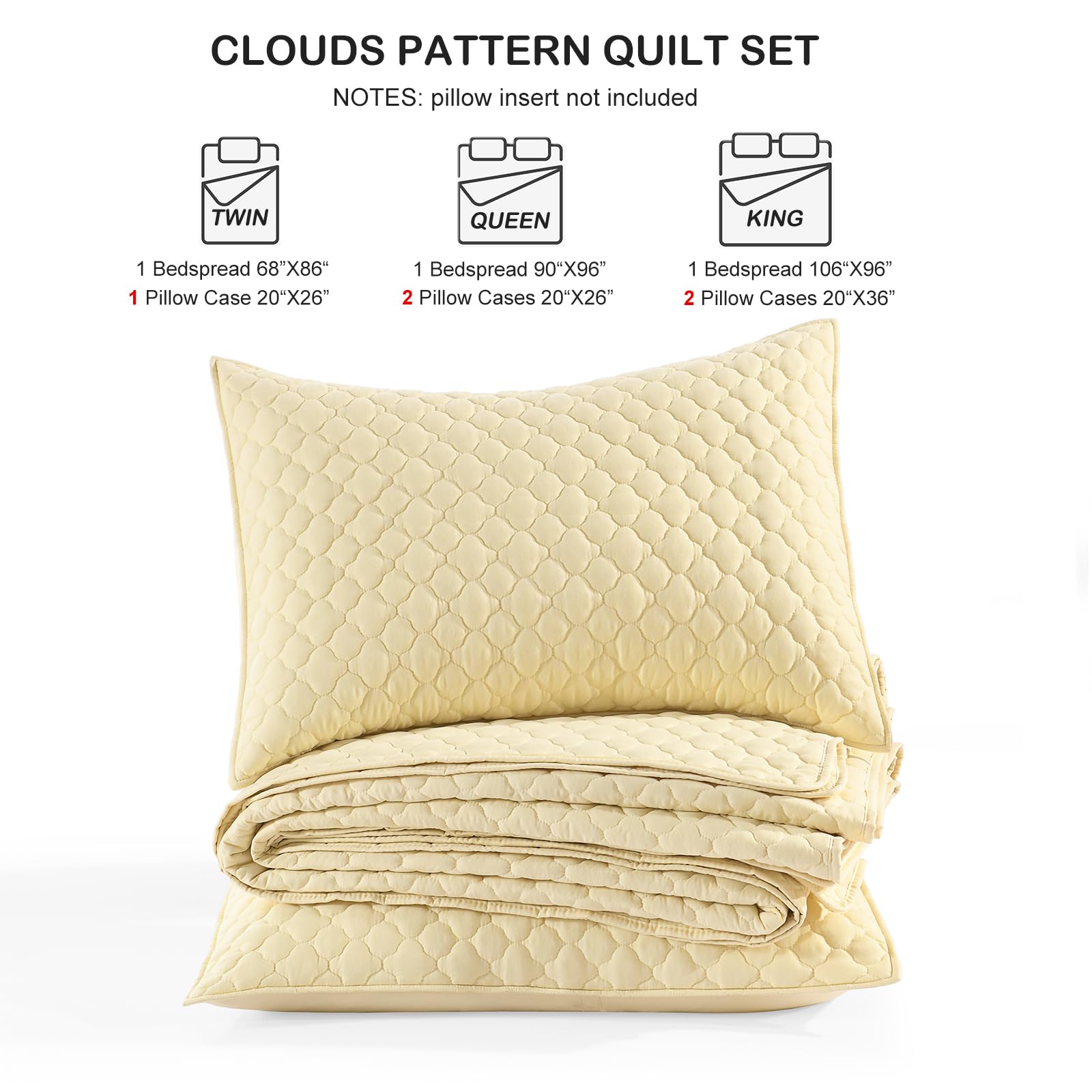 Quilt Size Lightweight Quilt for Summer Ultra-Soft Microfiber Modern Style Quilted Clouds Pattern Bedspread Quit Set 3 Pieces(1 Quilt and 2 Pillow Shams)