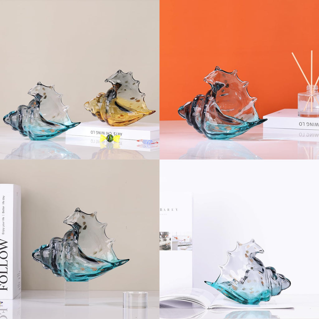 Hand Blown Glass Conch - Coastal Home Decor Conch Corners, Glass Art Conch Sculptures, Office Decor Blown Glass Art, Living Room Table Centerpieces, Bathroom Shelf Tops And Cabinet Decor