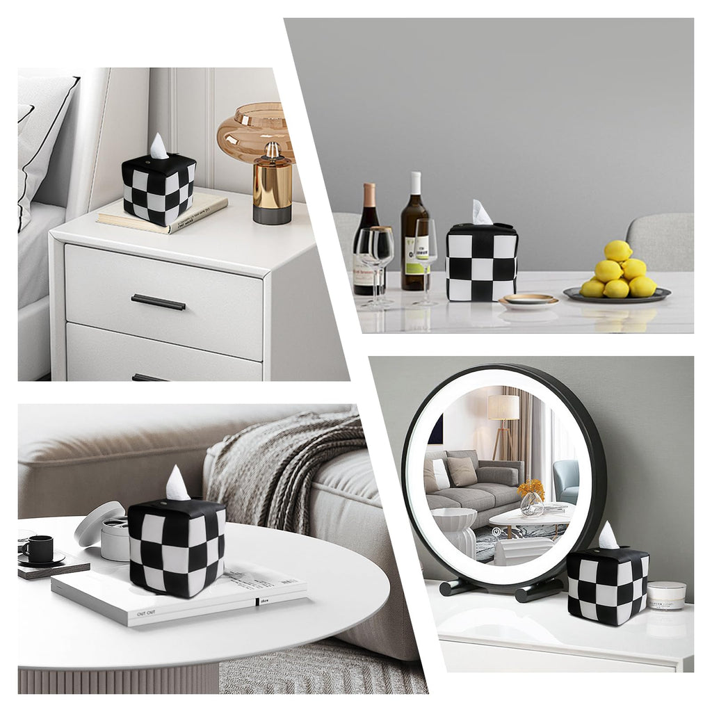 PU Leather Tissue Box Holder with Metal Buckle, Checkered Tissue Box, Decorative Organizer