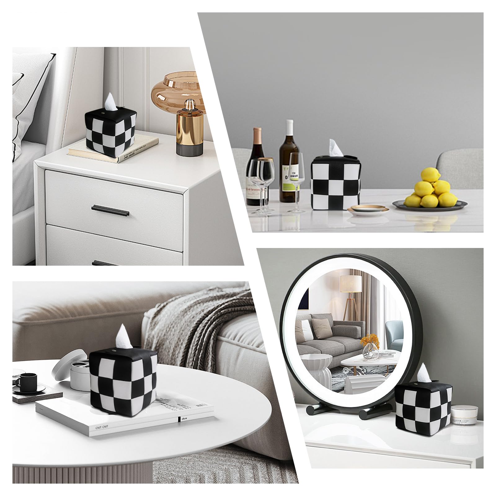 PU Leather Tissue Box Holder with Metal Buckle, Checkered Tissue Box, Decorative Organizer