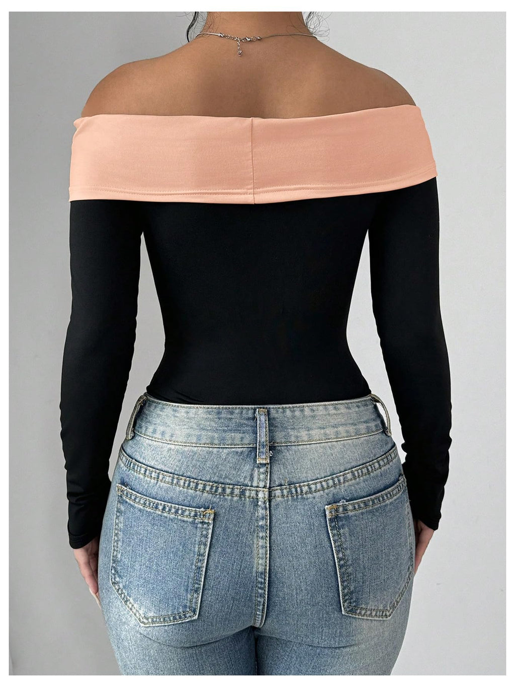 Women's Colorblock Bow Tie Off Shoulder Long Sleeve Bodysuit Elegant Tops