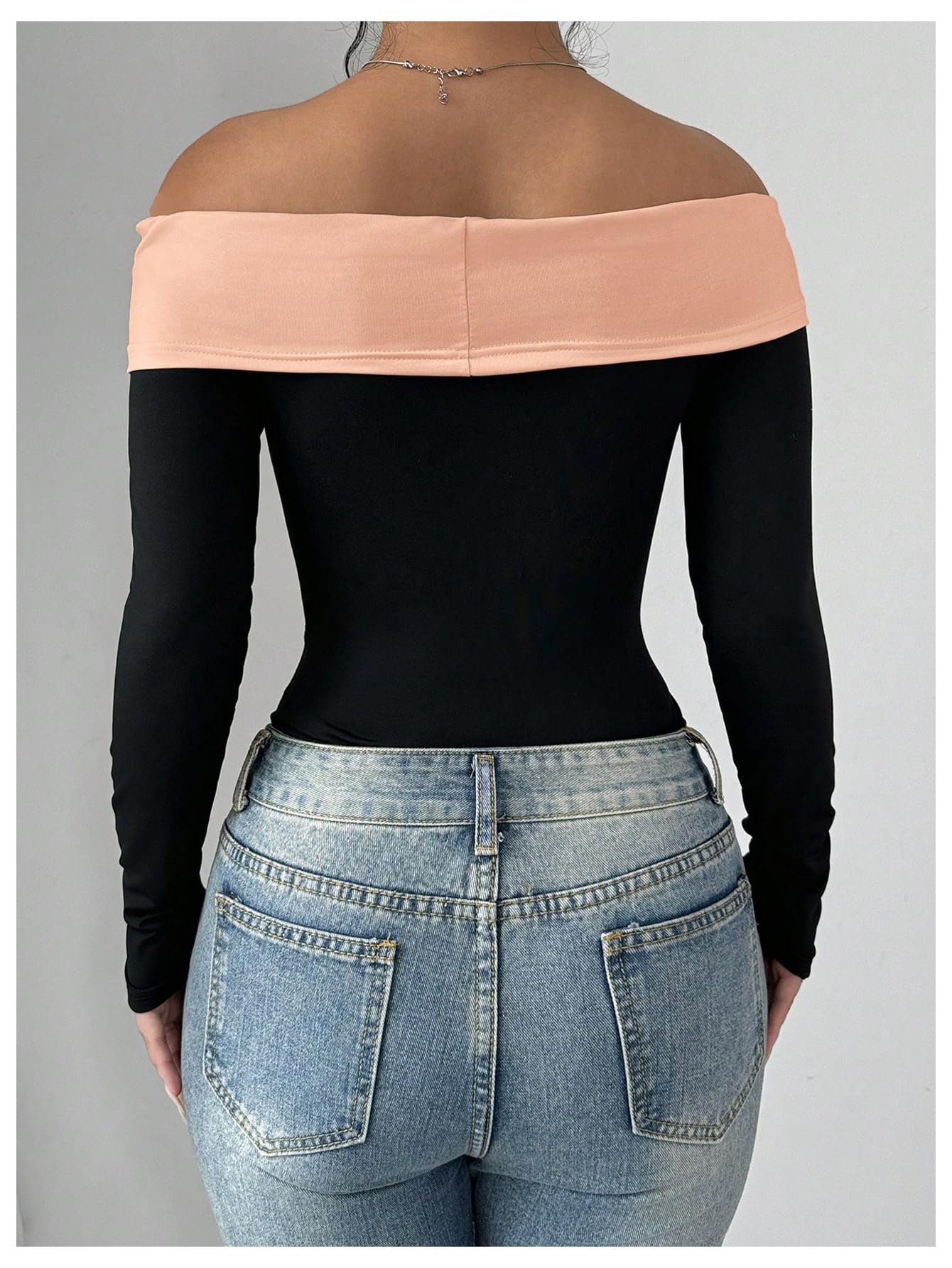 Women's Colorblock Bow Tie Off Shoulder Long Sleeve Bodysuit Elegant Tops