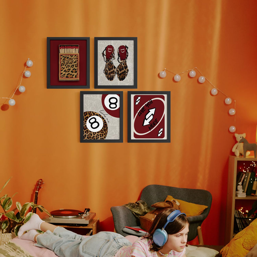 Trendy Leopard Wall Art Prints Set of 4 Funky Lucky 8 Ball Posters Prints Preppy Room Aesthetic Cheetah Wall Decor for Girls Room Dorm Apartment 8x10 Unframed