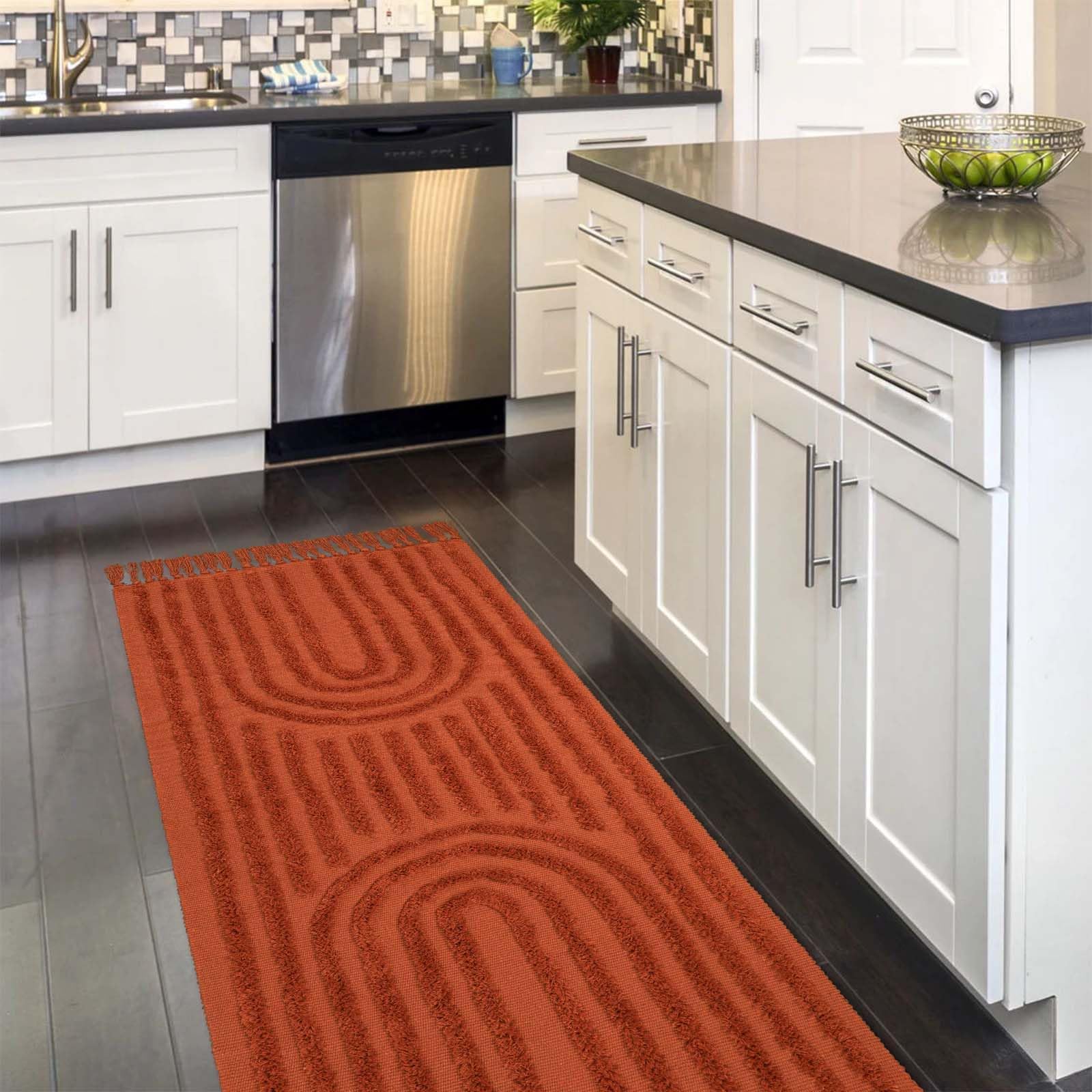 Washable Kitchen Runner Rug - Hand-Woven Bathroom Runner Rug with Tassels, Terracotta Entryway Runner Rug, Tufted Rainbow Bedroom Rug Runner, Hallway Rug for Laundry/Living Room