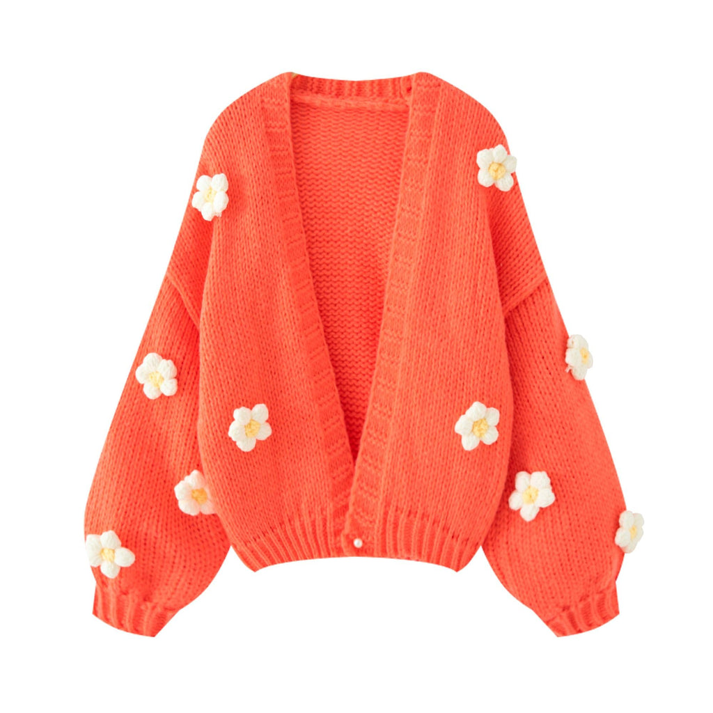 Women's Kawaii Strawberry Embroidered Cardigan Long Sleeve V Neck Chunky Knitted Cardigans